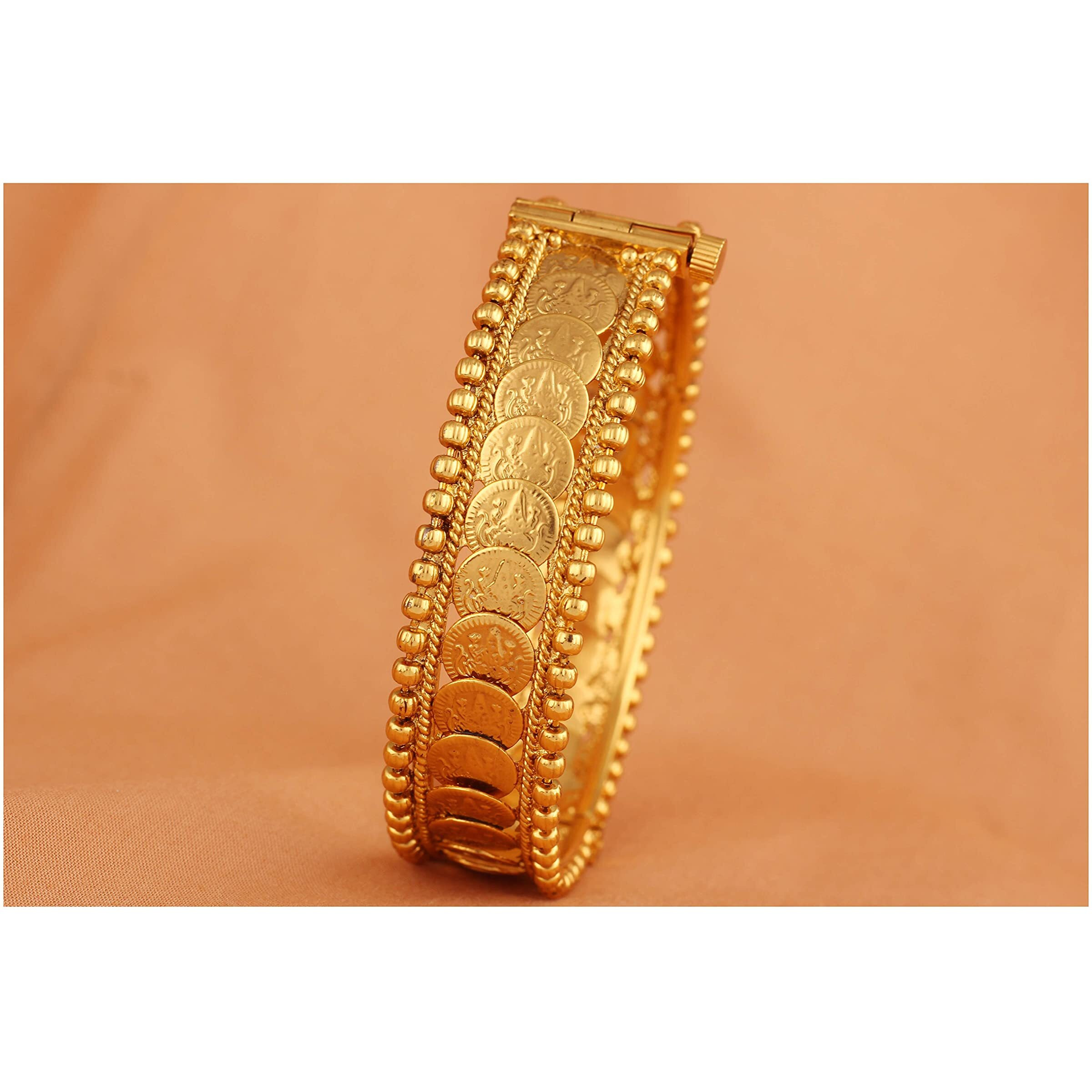 JFL - Jewellery for Less Fashion 1 Gram Gold Plated Laxmi Coin Oxidised Latest Copper Openable Golden Kada for Women & Girls.