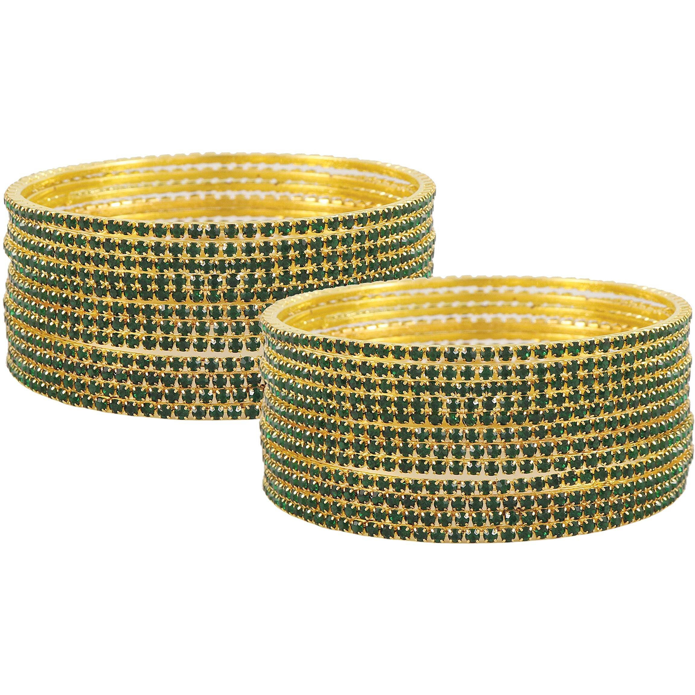 ZULKA Non-Precious Metal Base Metal with Zircon Gemstone Studded worked Glossy Finished Bangle Set For Women and Girls, (Green_2.2 Inches), Pack Of 24 Bangle Set