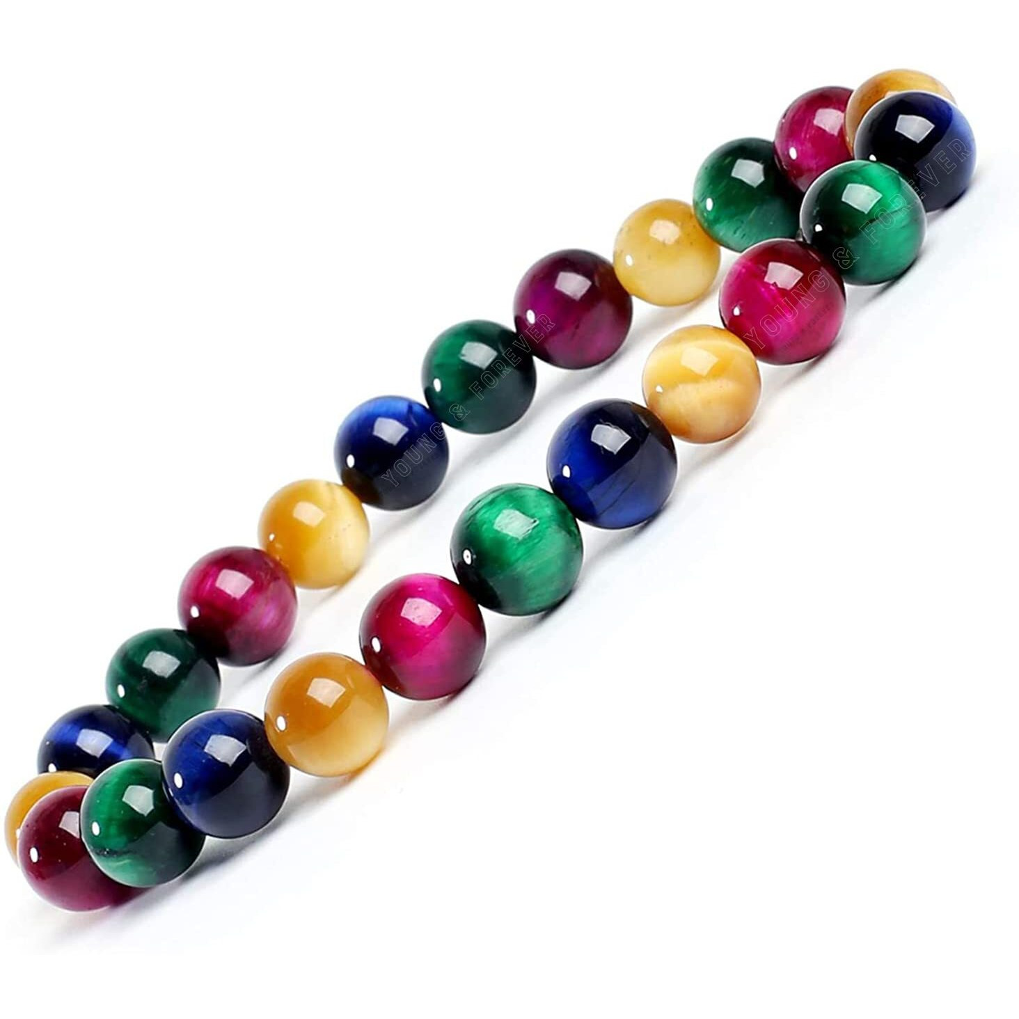 Young & Forever Gift Natural Reiki Feng-Shui Healing Crystal Beaded Gem Stone Rainbow Tiger Eye Bracelet for Men and Women
