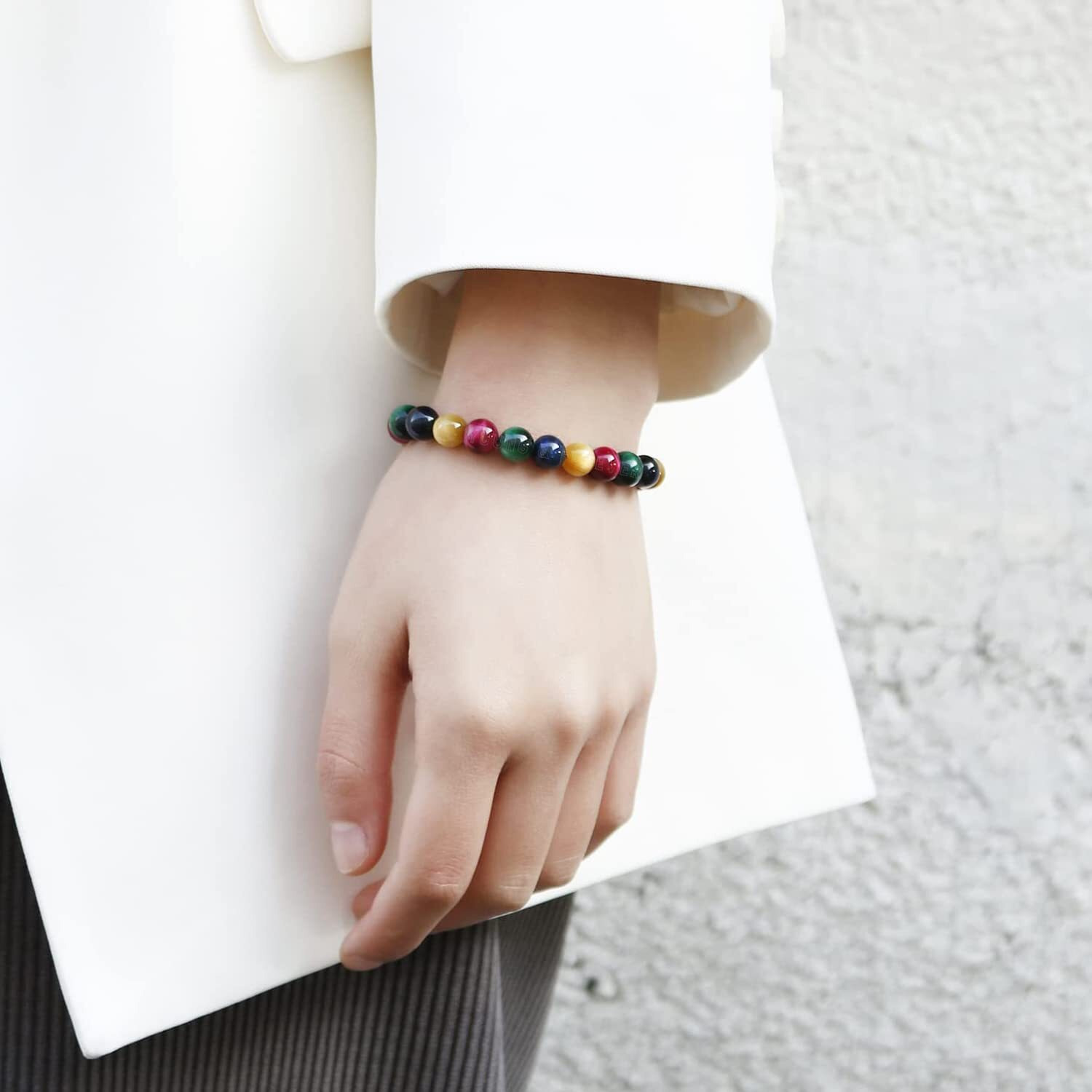 Young & Forever Gift Natural Reiki Feng-Shui Healing Crystal Beaded Gem Stone Rainbow Tiger Eye Bracelet for Men and Women