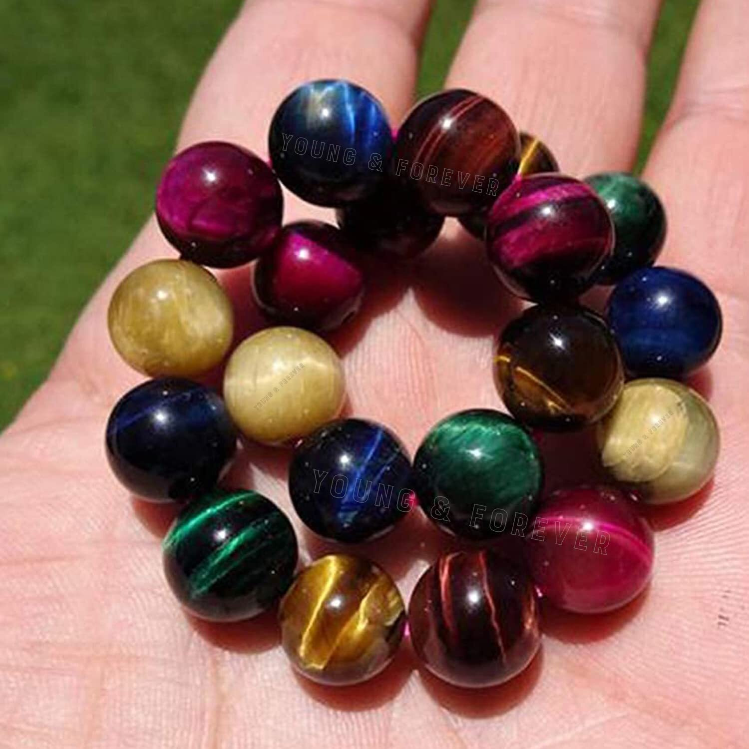Young & Forever Gift Natural Reiki Feng-Shui Healing Crystal Beaded Gem Stone Rainbow Tiger Eye Bracelet for Men and Women