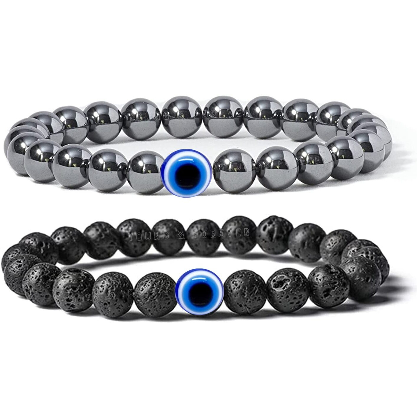 Young & Forever Gift Valentine Gift Evil Eye Bracelet For Men Beaded Bracelets Diffuser Lava & Weight Loss Hematite Beads Bracelet For Women Long Distance Relationships Couples Gift Bracelets Set Of 2