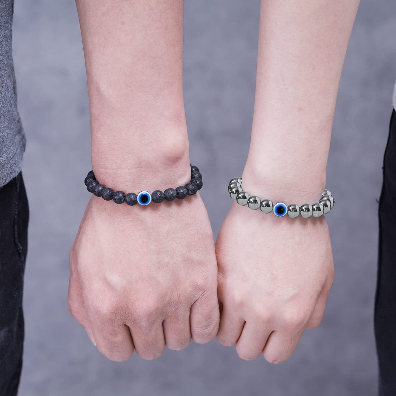 Young & Forever Gift Valentine Gift Evil Eye Bracelet For Men Beaded Bracelets Diffuser Lava & Weight Loss Hematite Beads Bracelet For Women Long Distance Relationships Couples Gift Bracelets Set Of 2