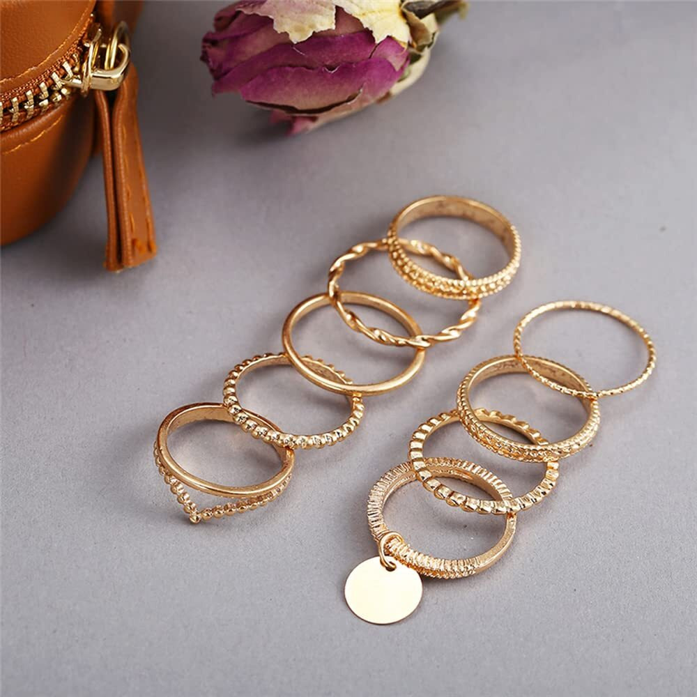 Shining Diva Fashion Latest Stylish Metal Boho Midi Finger Rings for Women and Girls - Set of 9 (12991r), Golden