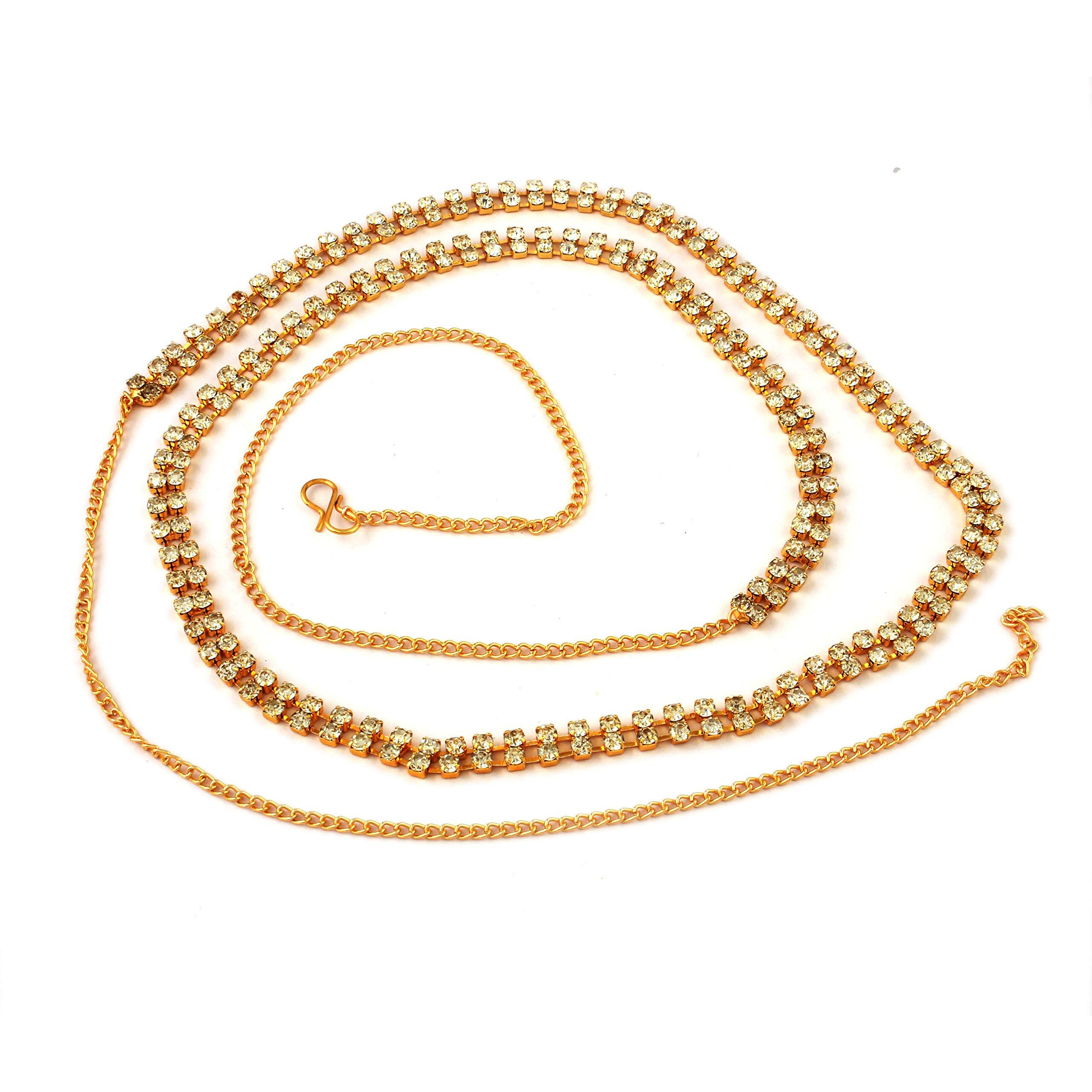 Accessher Gold Plated Sparkling Rhinestones Embellished Indo-Western Style Two Line Delicate Light Weighted Kamarbandh/Waist Belt for Women (Pack of 1)