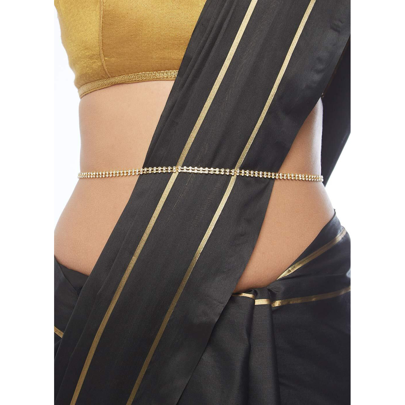 Accessher Gold Plated Sparkling Rhinestones Embellished Indo-Western Style Two Line Delicate Light Weighted Kamarbandh/Waist Belt for Women (Pack of 1)