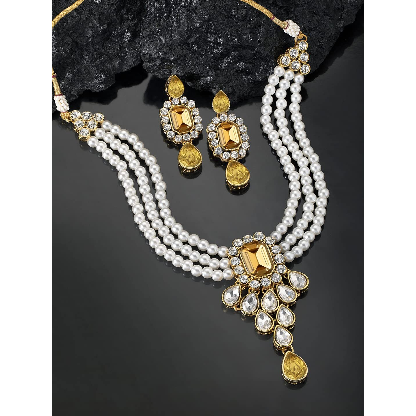 Peora Gold Plated Crystal Kundan Necklace with Drop Earrings Jewellery Set for Girls & Women