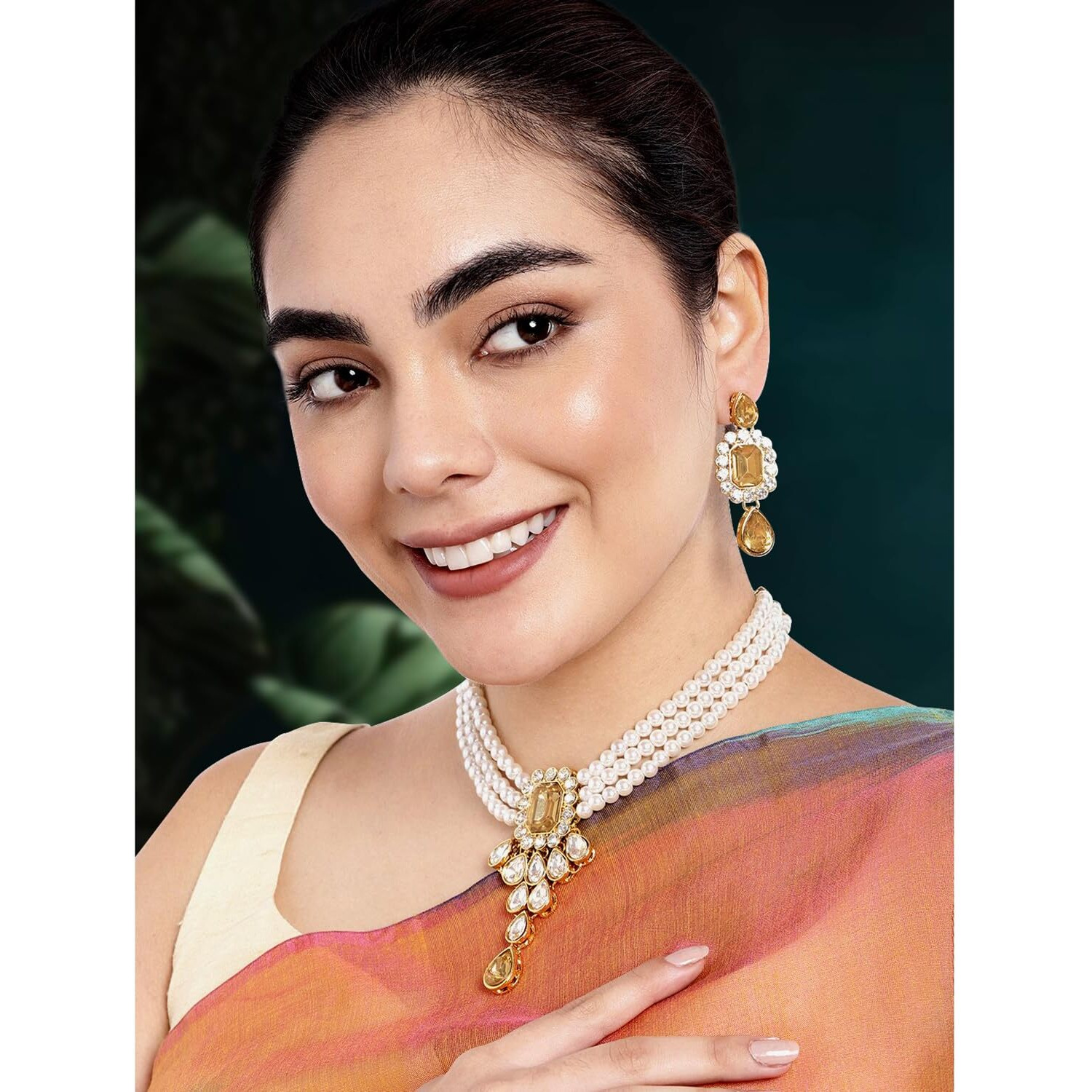 Peora Gold Plated Crystal Kundan Necklace with Drop Earrings Jewellery Set for Girls & Women