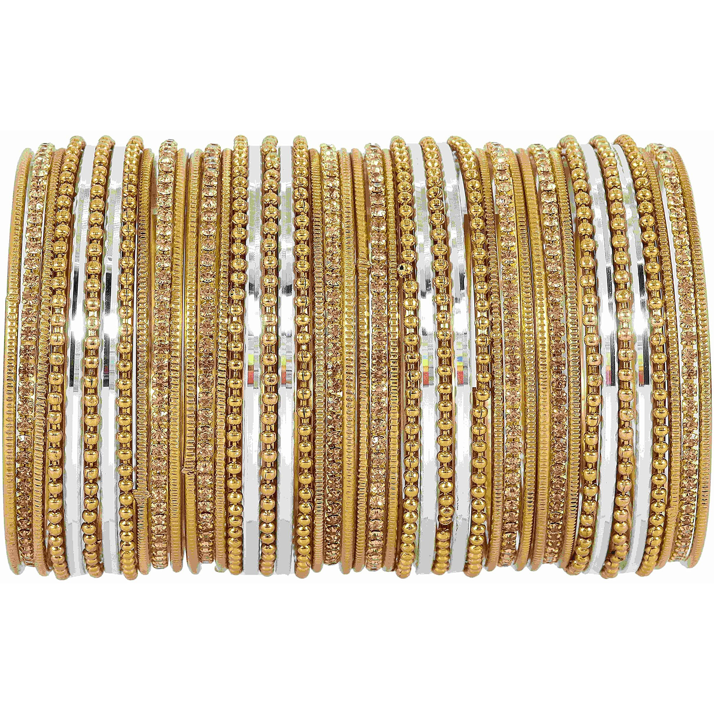 NMII Non-Precious Metal with Base Metal Zircon Gemstone Studded Glossy Finished Ballchain Linked Gold Plated Cutting Pattern Bangle set for Women and Girls, (D-White _2.8 Inches), Pack Of 44 Bangles