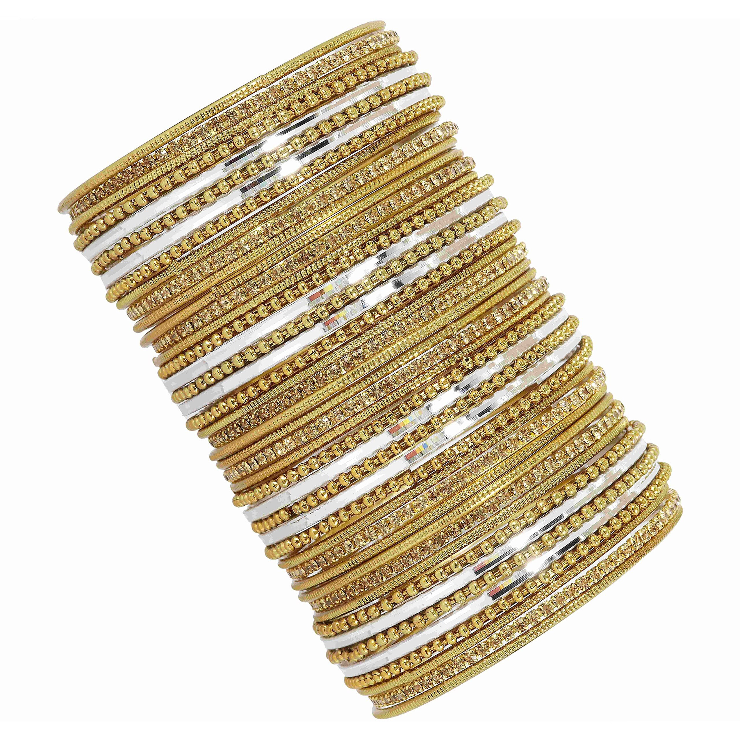 NMII Non-Precious Metal with Base Metal Zircon Gemstone Studded Glossy Finished Ballchain Linked Gold Plated Cutting Pattern Bangle set for Women and Girls, (D-White _2.8 Inches), Pack Of 44 Bangles