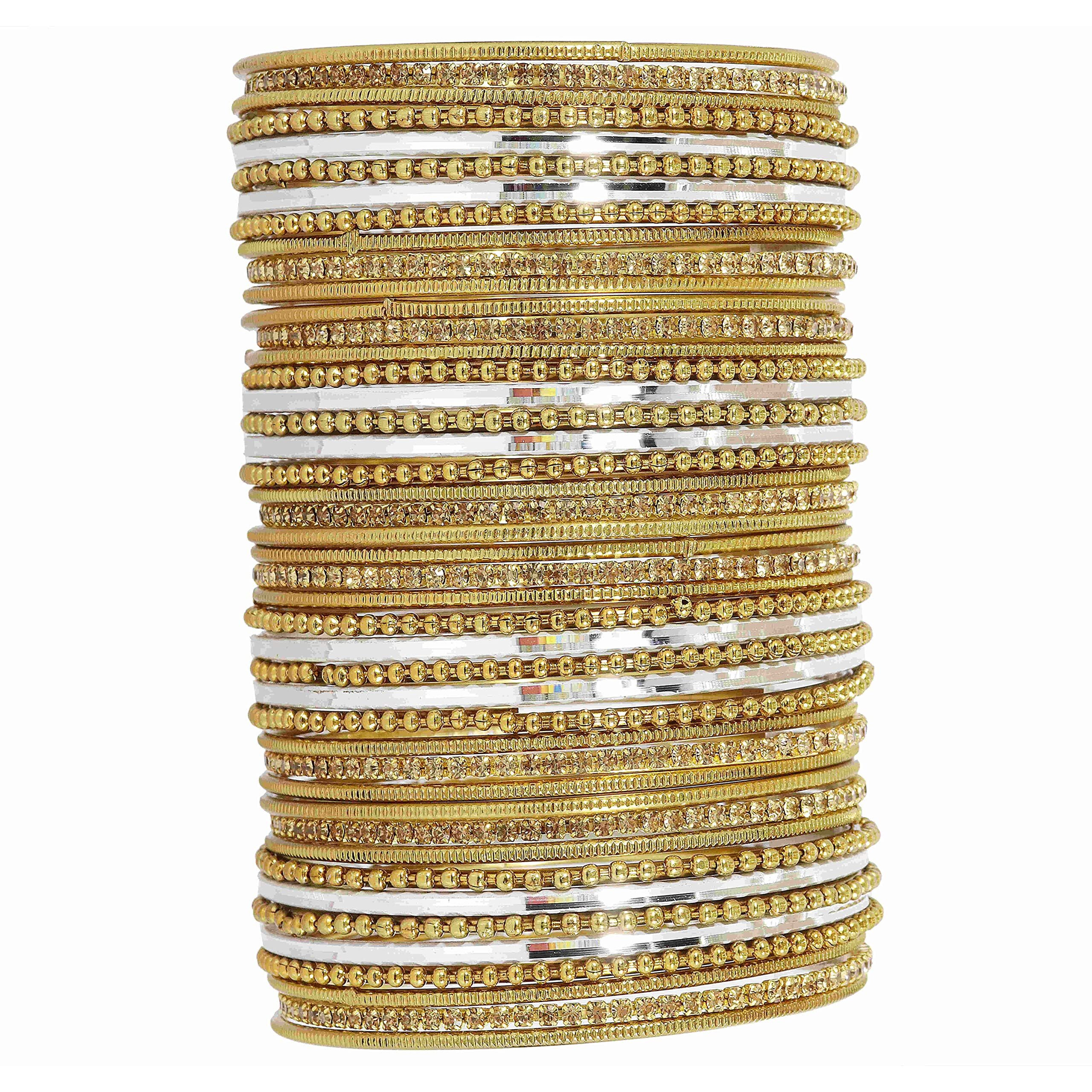 NMII Non-Precious Metal with Base Metal Zircon Gemstone Studded Glossy Finished Ballchain Linked Gold Plated Cutting Pattern Bangle set for Women and Girls, (D-White _2.8 Inches), Pack Of 44 Bangles