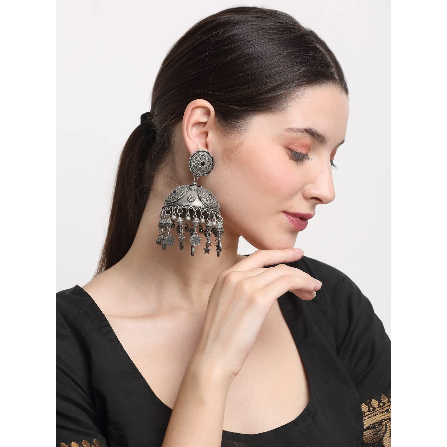 YouBella Jewellery Celebrity Inspired Oxidised Silver Big Size Jhumki Earrings for Girls and Women (Style 2)