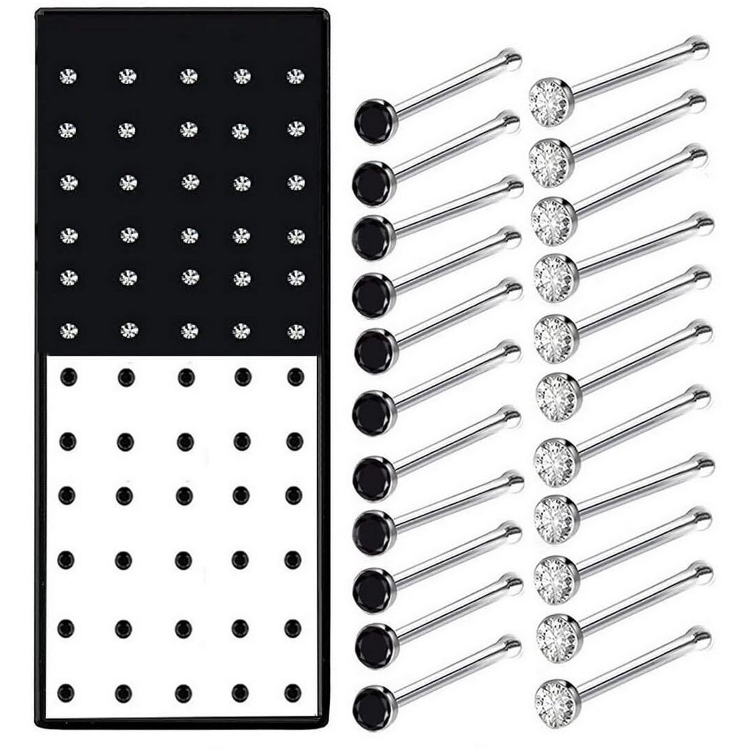 VAMA FASHIONS White & Black Stone Studded with Piercing Nosepin Set for Pierced stud Tiny ring for girls & Women (Pack of 60 Nose Pin Set 30 White & 30 Black)