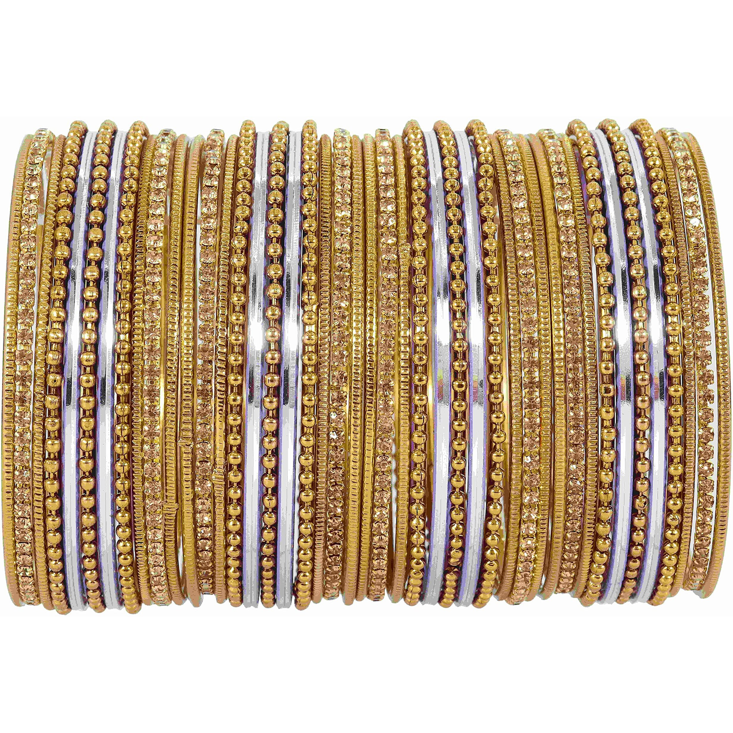 NMII Non-Precious Metal with Base Metal Zircon Gemstone Studded Glossy Finished Ballchain Linked Gold Plated Cutting Pattern Bangle set for Women and Girls, (D-Purple _2.4 Inches), Pack Of 44 Bangles