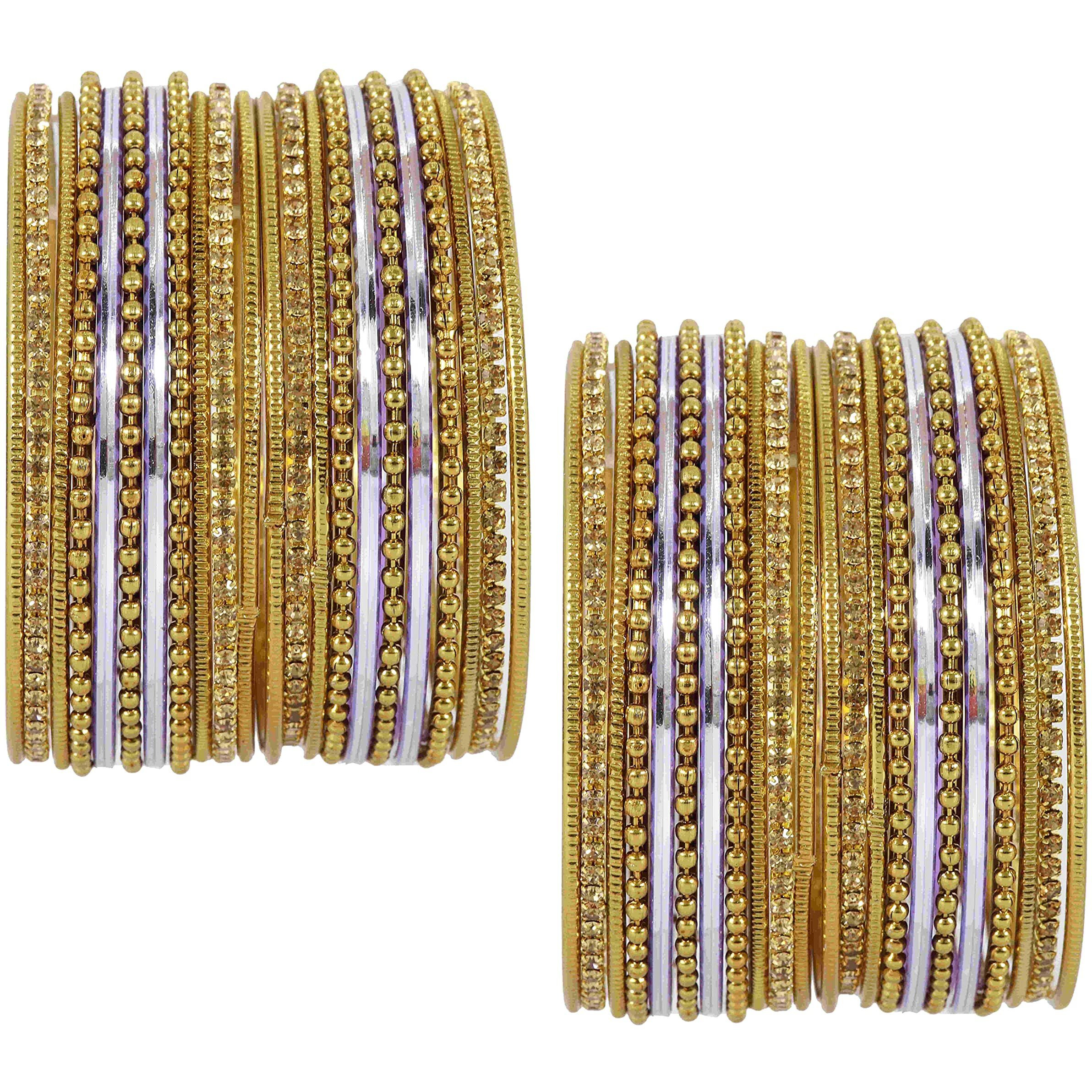 NMII Non-Precious Metal with Base Metal Zircon Gemstone Studded Glossy Finished Ballchain Linked Gold Plated Cutting Pattern Bangle set for Women and Girls, (D-Purple _2.4 Inches), Pack Of 44 Bangles