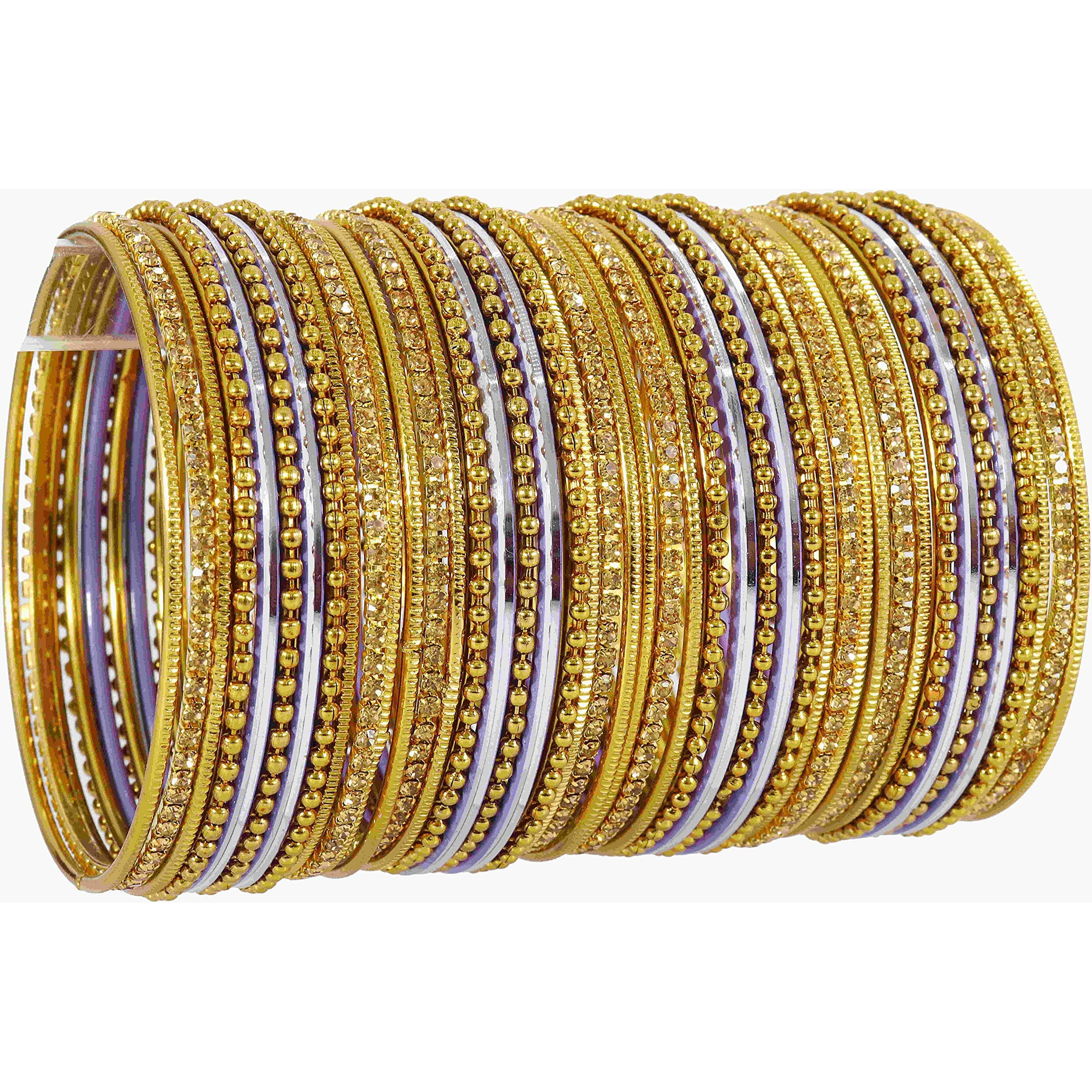 NMII Non-Precious Metal with Base Metal Zircon Gemstone Studded Glossy Finished Ballchain Linked Gold Plated Cutting Pattern Bangle set for Women and Girls, (D-Purple _2.4 Inches), Pack Of 44 Bangles