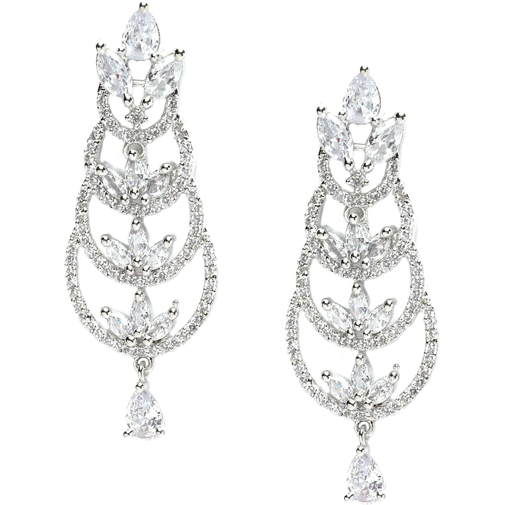 ZENEME Rhodium-Plated American Diamond studded Crescent Drop Earrings For Women & Girls