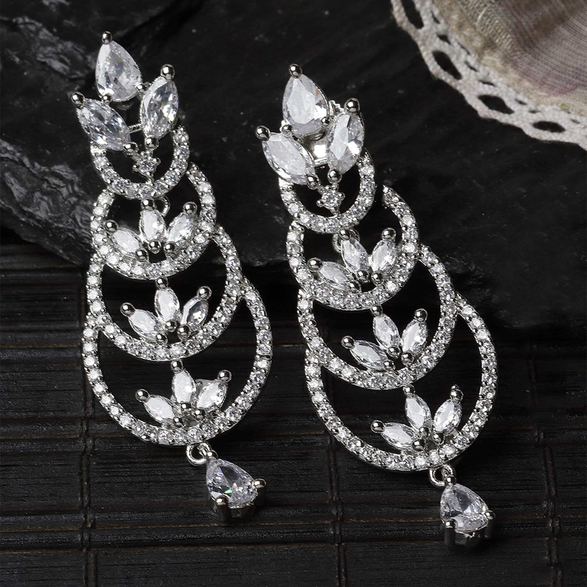 ZENEME Rhodium-Plated American Diamond studded Crescent Drop Earrings For Women & Girls