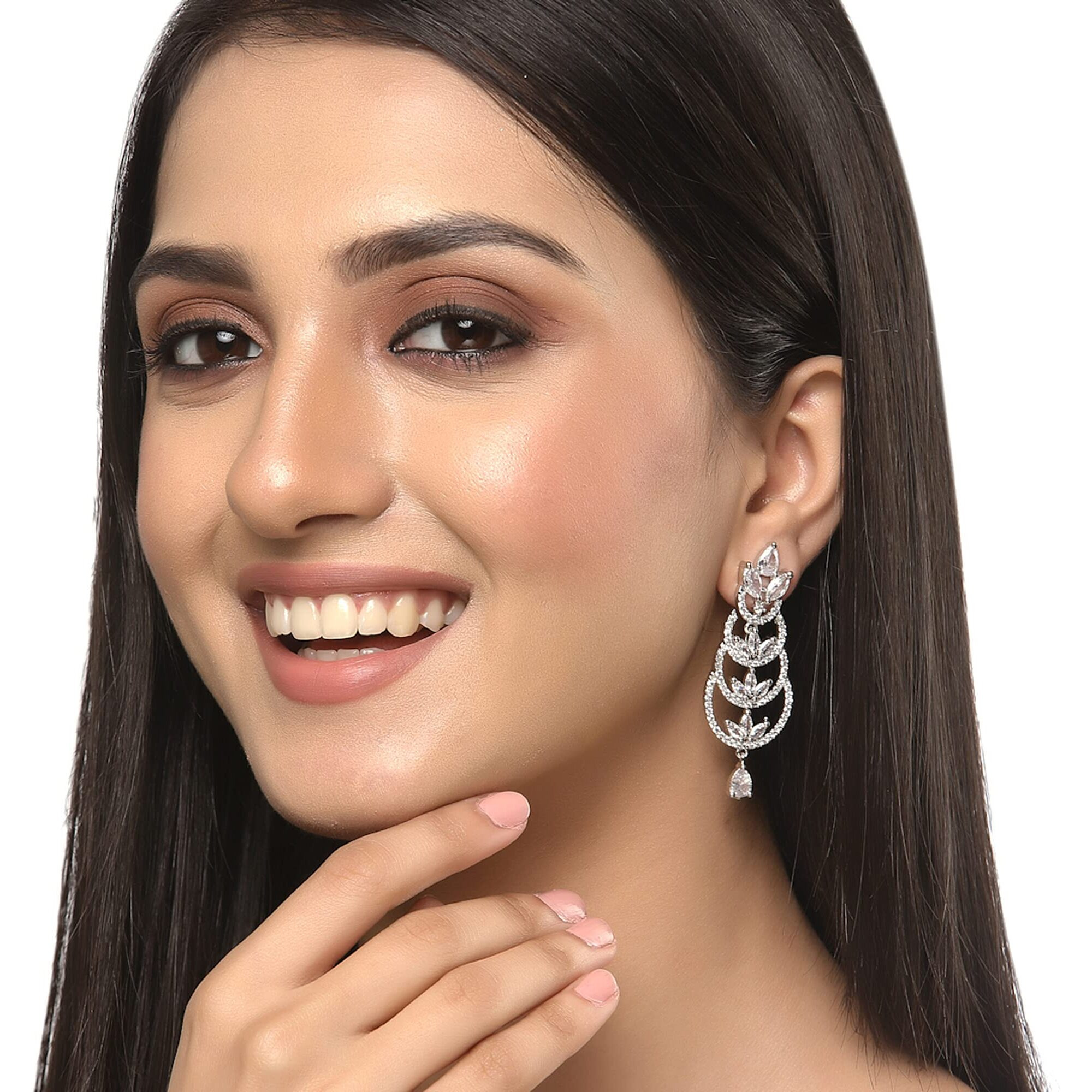 ZENEME Rhodium-Plated American Diamond studded Crescent Drop Earrings For Women & Girls