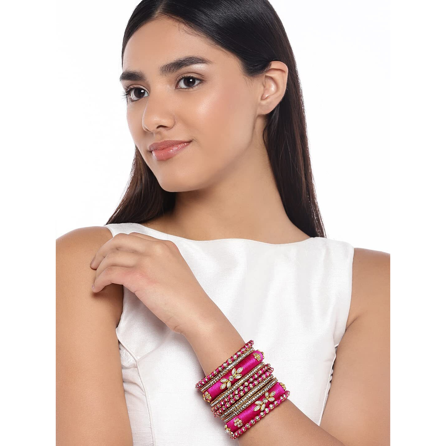 Peora Silk Thread Kundan Studded Chura Chuda Bangle Set for Women(Size 2.8)