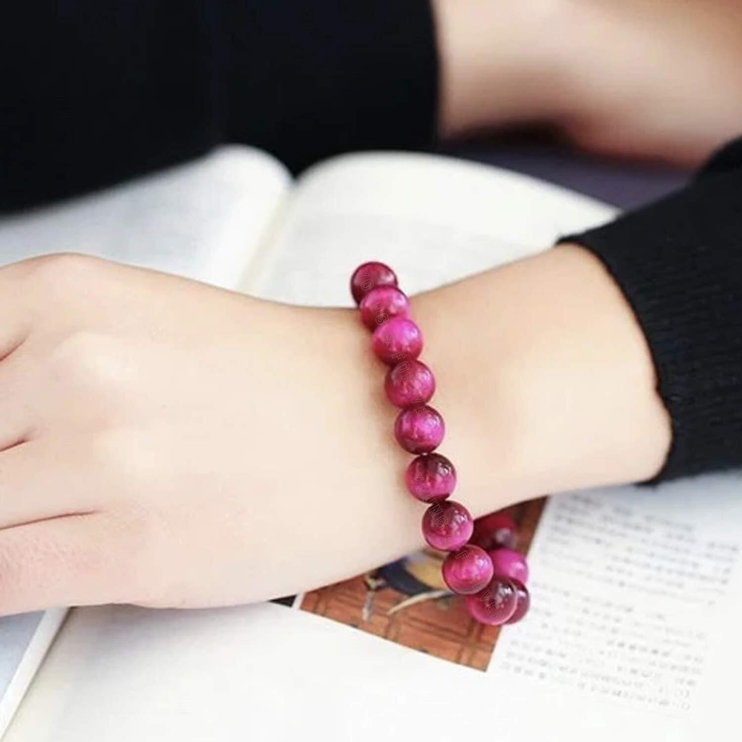 Young & Forever Gift Natural Reiki Feng-Shui Healing Crystal Beaded Gem Stone Pink Tiger Eye Bracelet for Men and Women