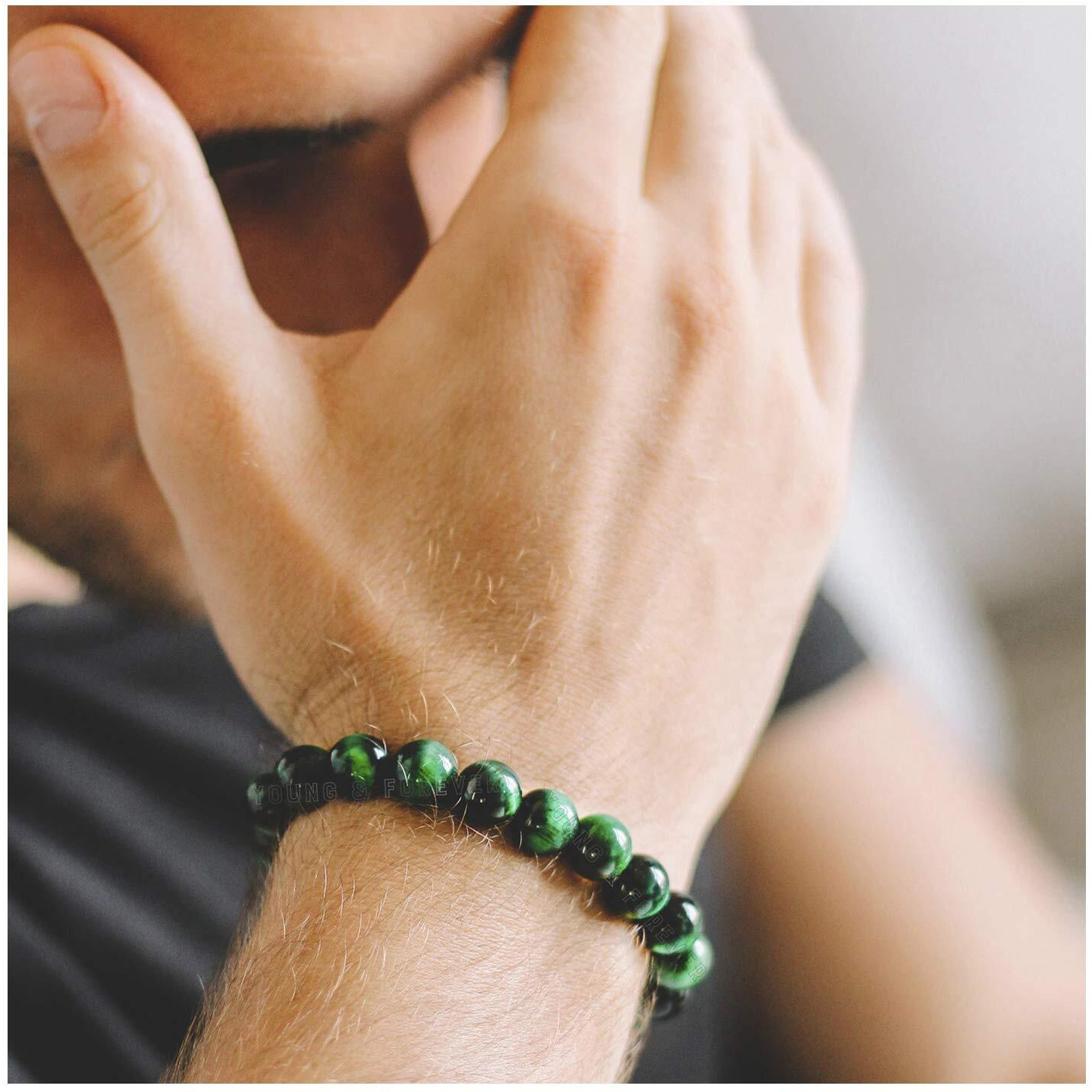 Young & Forever Gift Certified Reiki Crystal Semi Precious Gemstone Green Tiger Eye Bracelet to Strengthen Energy Healing Stone Stretch Bracelet for Men and Women