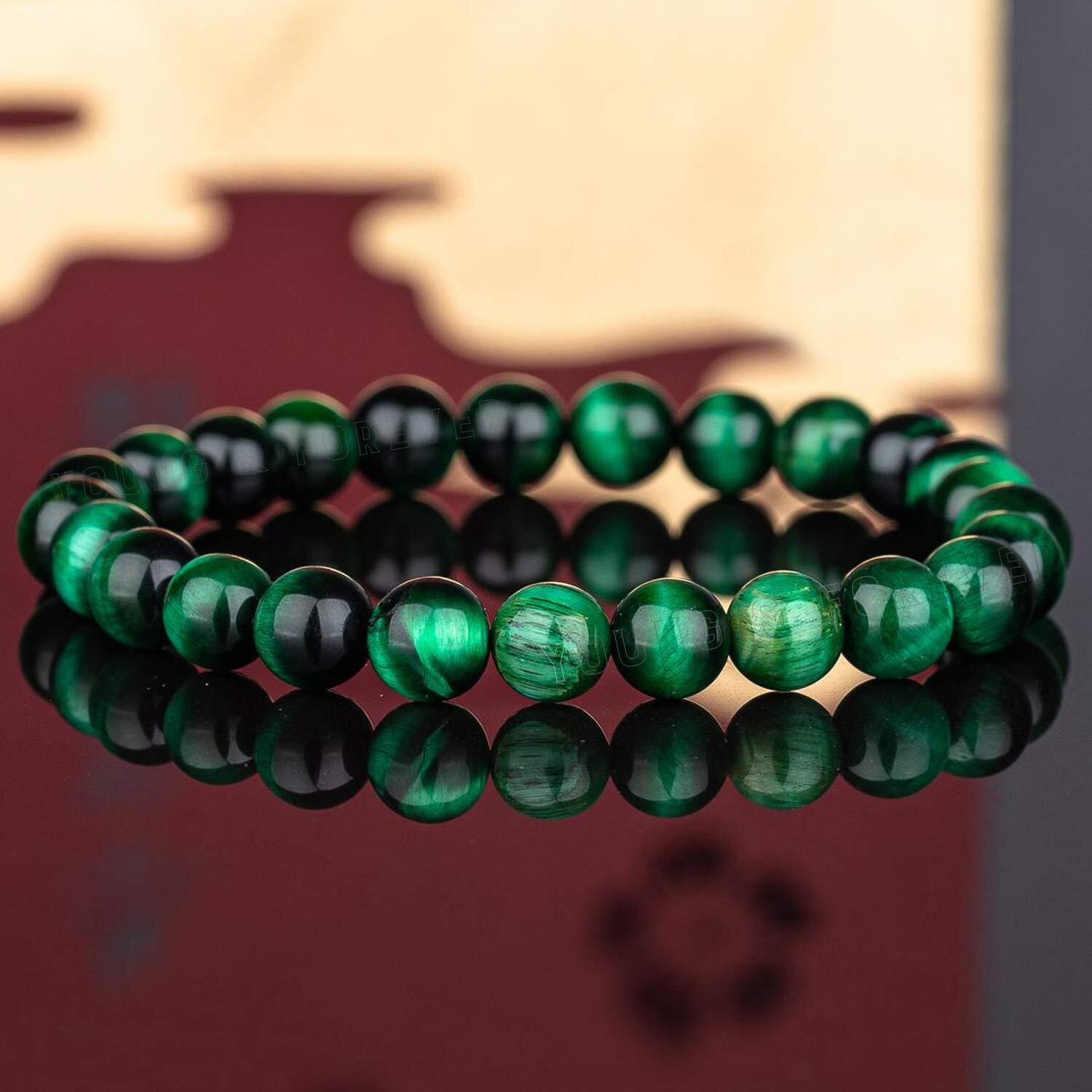 Young & Forever Gift Certified Reiki Crystal Semi Precious Gemstone Green Tiger Eye Bracelet to Strengthen Energy Healing Stone Stretch Bracelet for Men and Women
