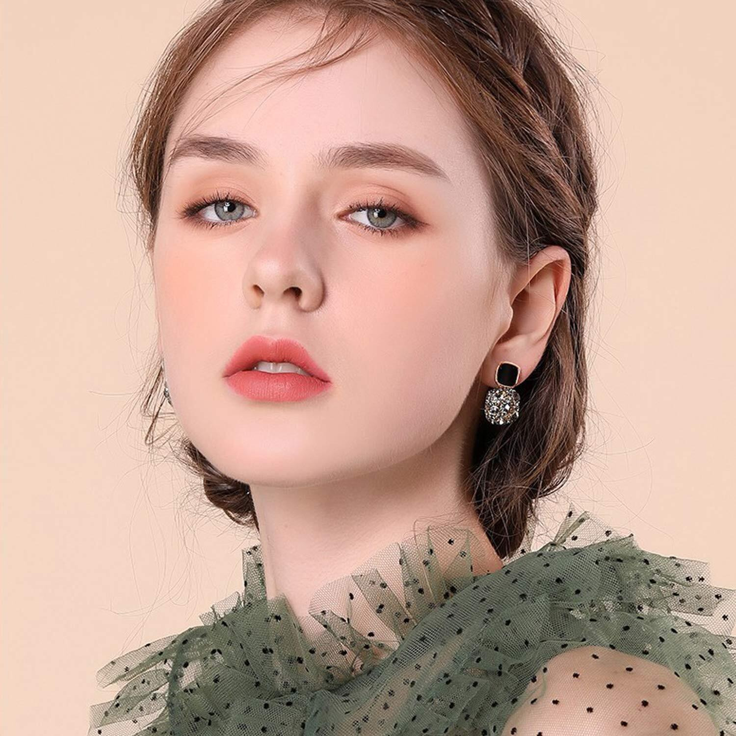 Young & Forever Gift Womens Rhinestone Enamel Crystal Gold Plated Embellished Geometric Stud Earrings (Black)