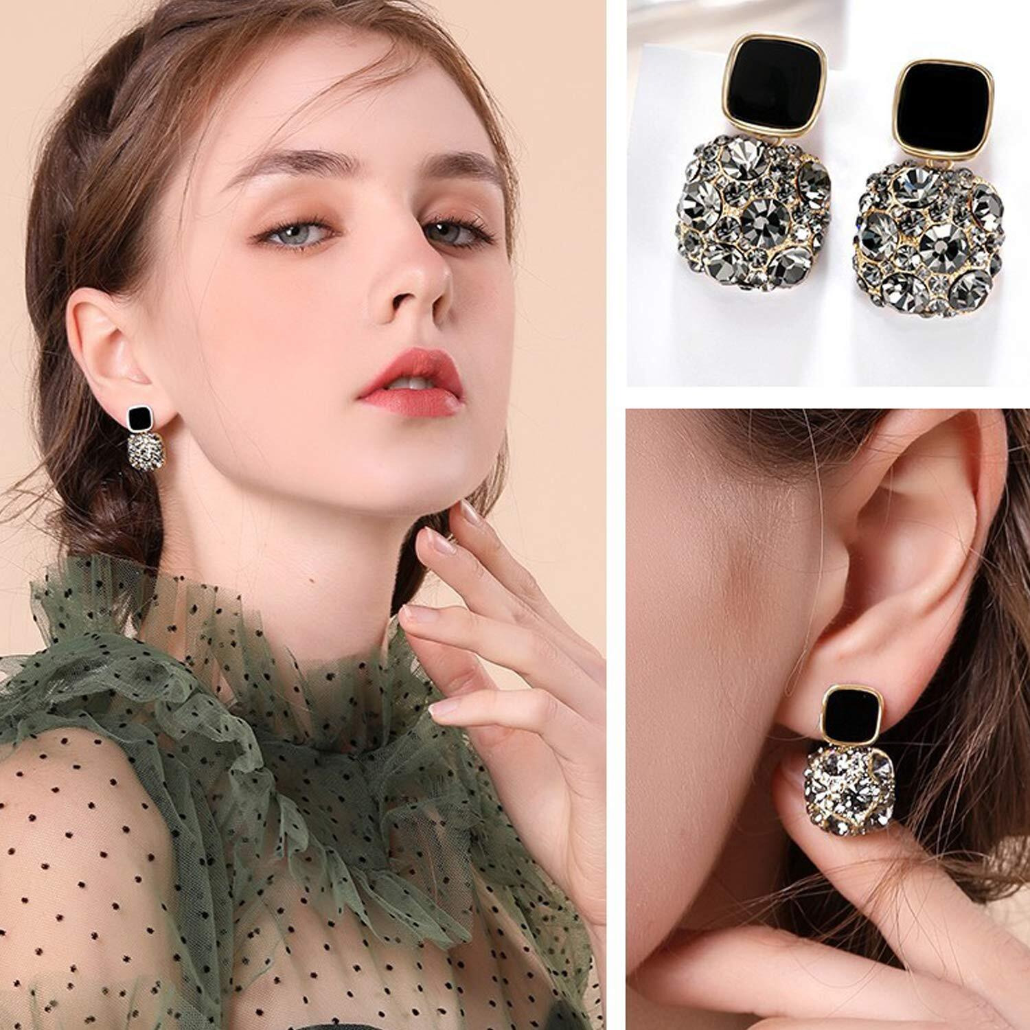 Young & Forever Gift Womens Rhinestone Enamel Crystal Gold Plated Embellished Geometric Stud Earrings (Black)