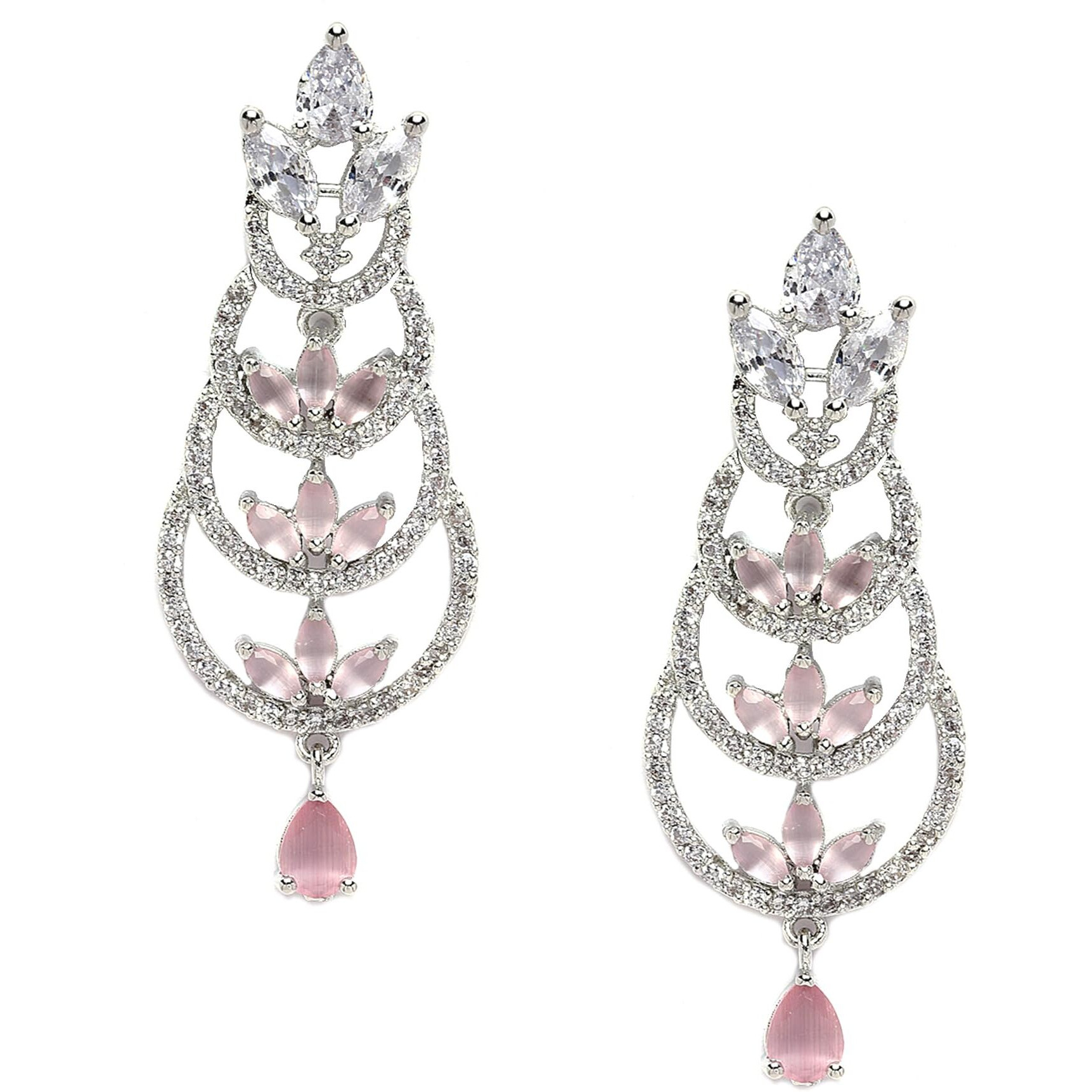 ZENEME Rhodium-Plated American Diamond studded Crescent Drop Earrings For Women & Girls