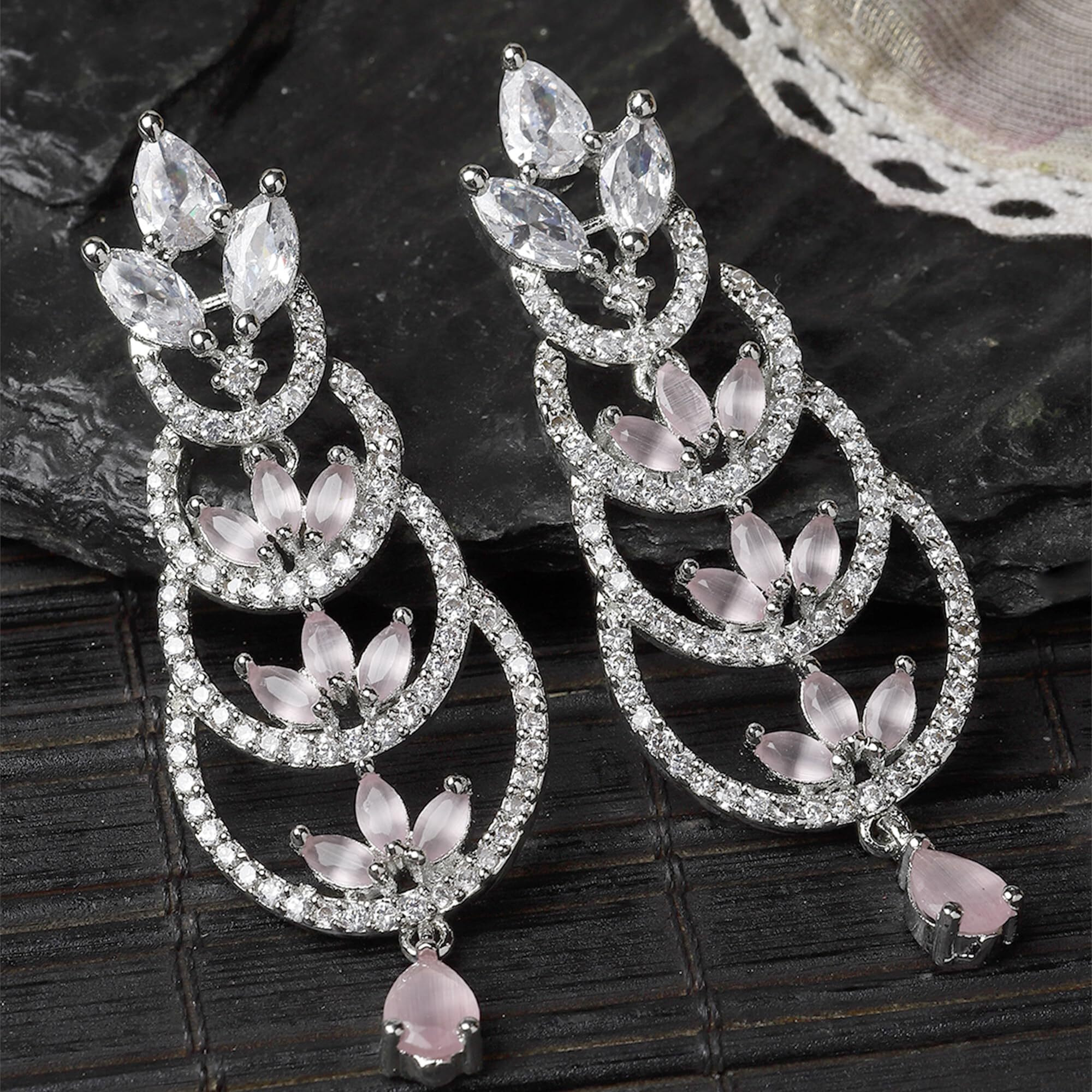 ZENEME Rhodium-Plated American Diamond studded Crescent Drop Earrings For Women & Girls