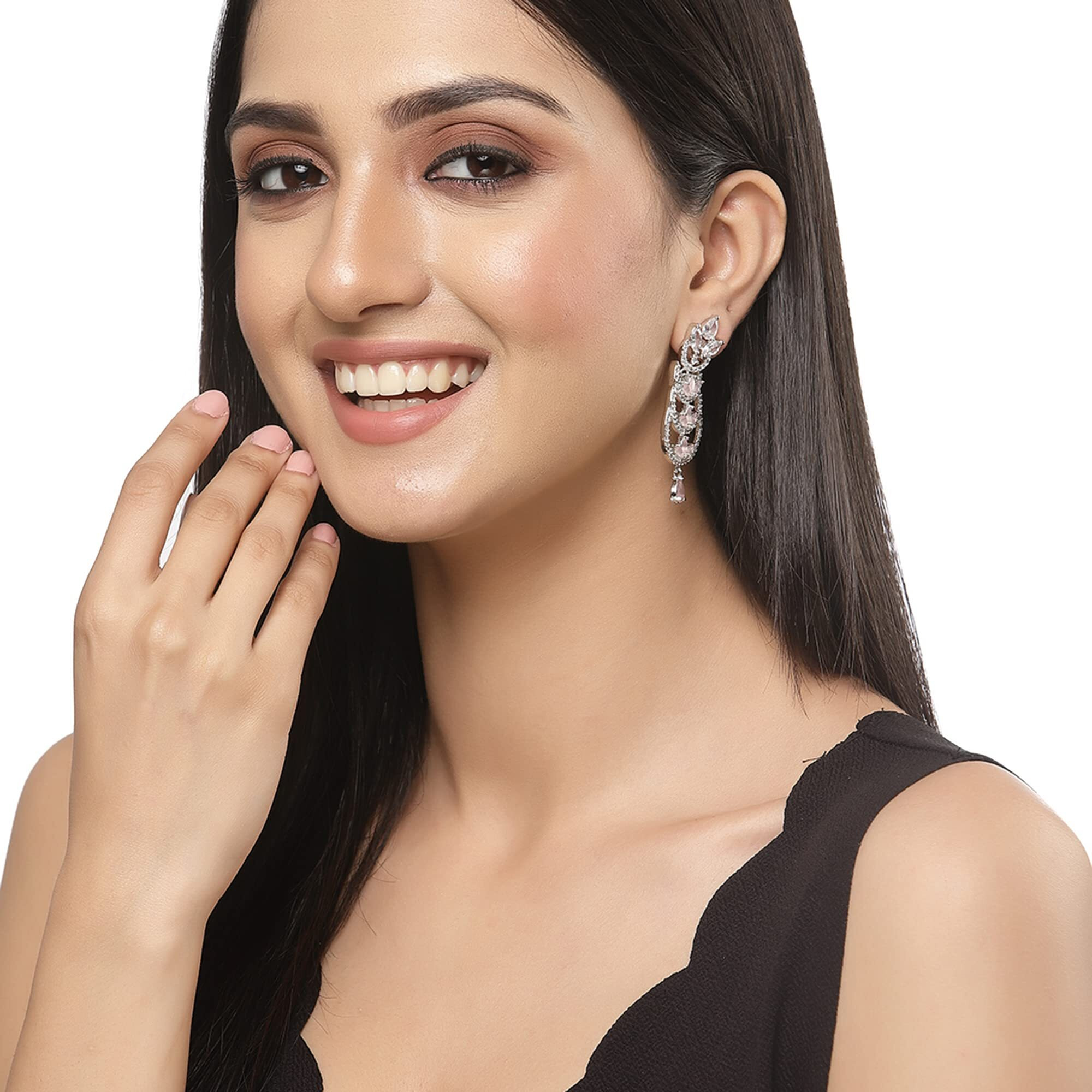 ZENEME Rhodium-Plated American Diamond studded Crescent Drop Earrings For Women & Girls