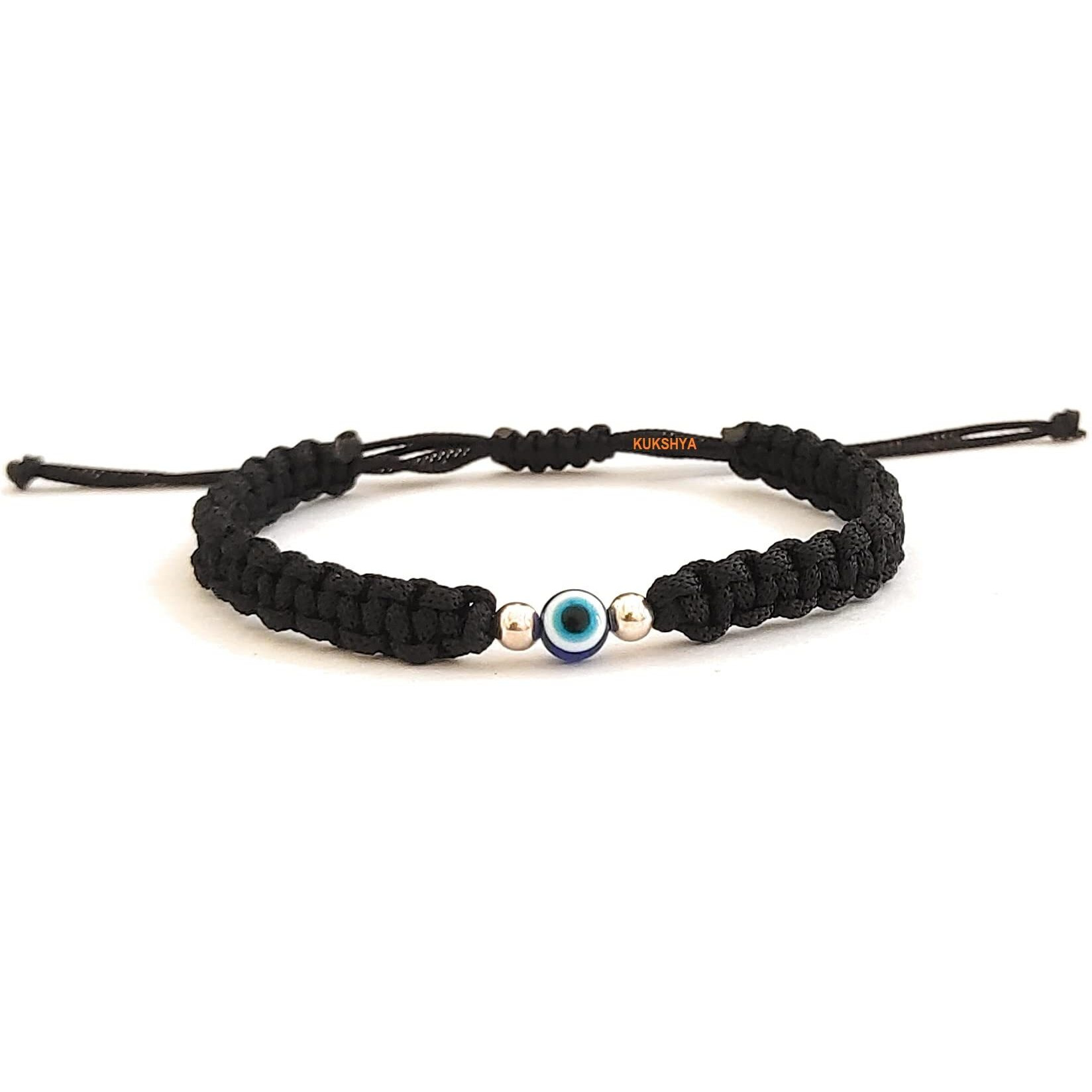 KUKSHYA JEWELLERS 925 Sterling Silver 2 ball + Evil Eye Charm Thread(Dhaga) Bracelet Nazariya Adjustable| Nazar Battu For Girls Boy, Men & Women (GB 083) (Black)