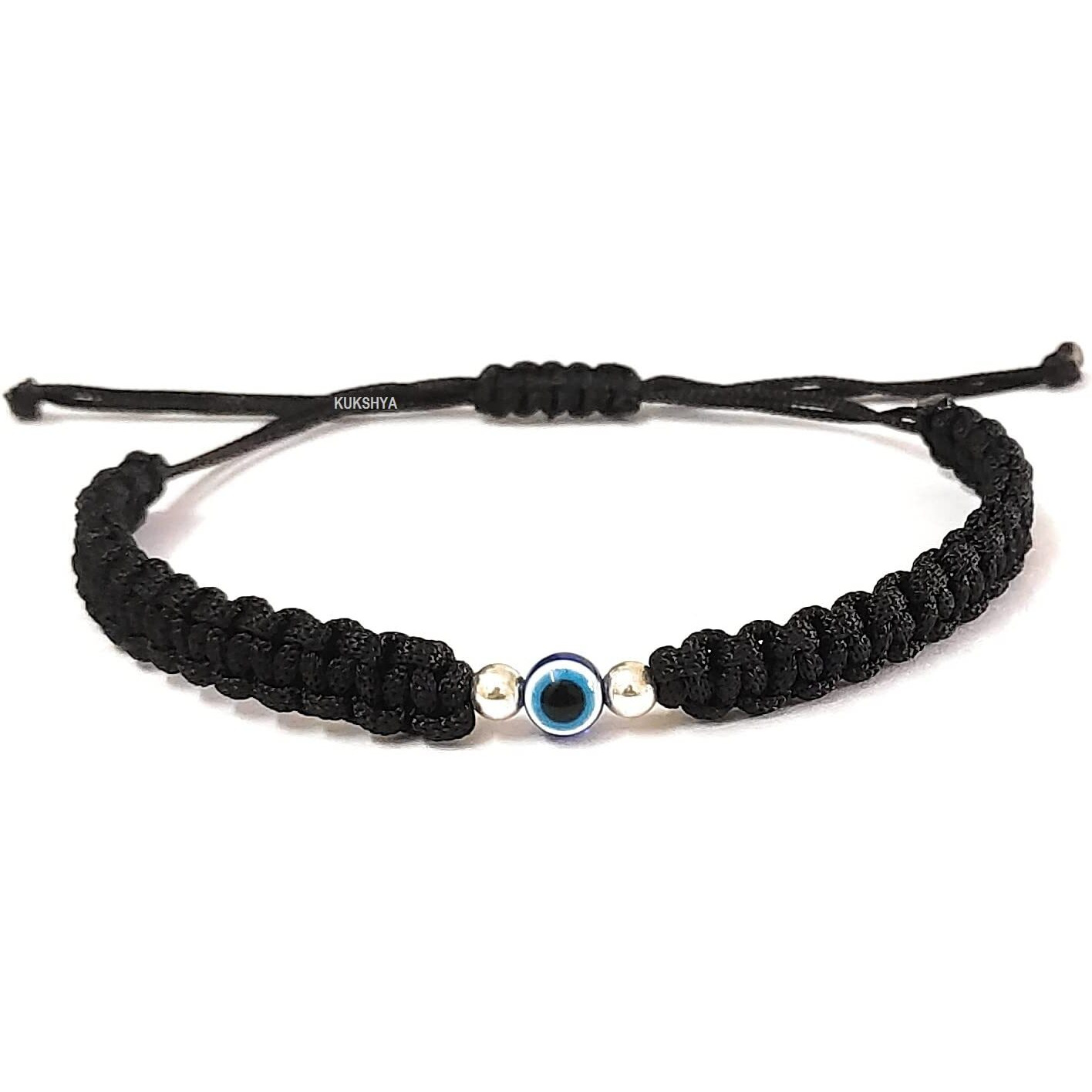 KUKSHYA JEWELLERS 925 Sterling Silver 2 ball + Evil Eye Charm Thread(Dhaga) Bracelet Nazariya Adjustable| Nazar Battu For Girls Boy, Men & Women (GB 083) (Black)