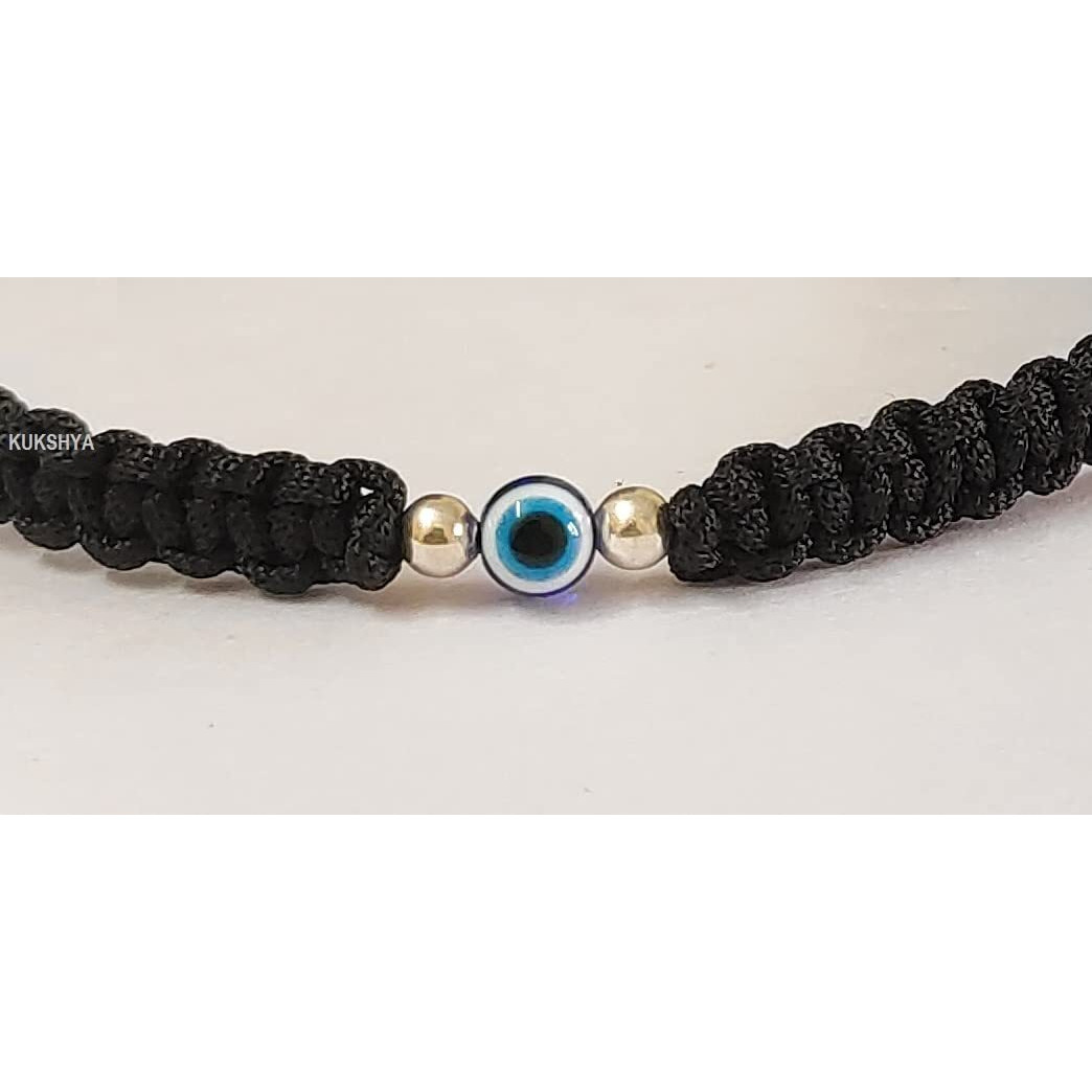 KUKSHYA JEWELLERS 925 Sterling Silver 2 ball + Evil Eye Charm Thread(Dhaga) Bracelet Nazariya Adjustable| Nazar Battu For Girls Boy, Men & Women (GB 083) (Black)