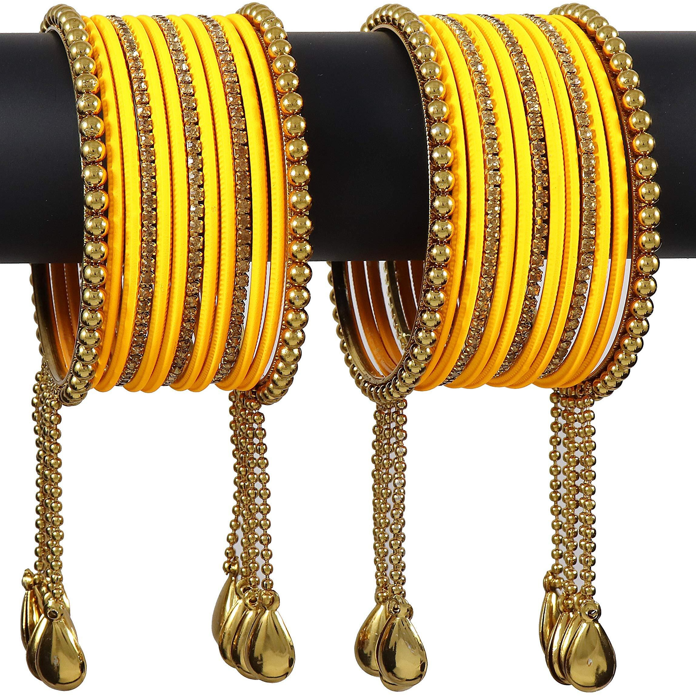 NMII Gold Plated Metal Bangles Set For Women & Girls with Zircon Gemstone & BallChain Linked | Latkan Bangle set | Traditional Bangles Bracelet | Stylish Gold Bangles-(F100-Yellow-2.6),(Pack Of 26)