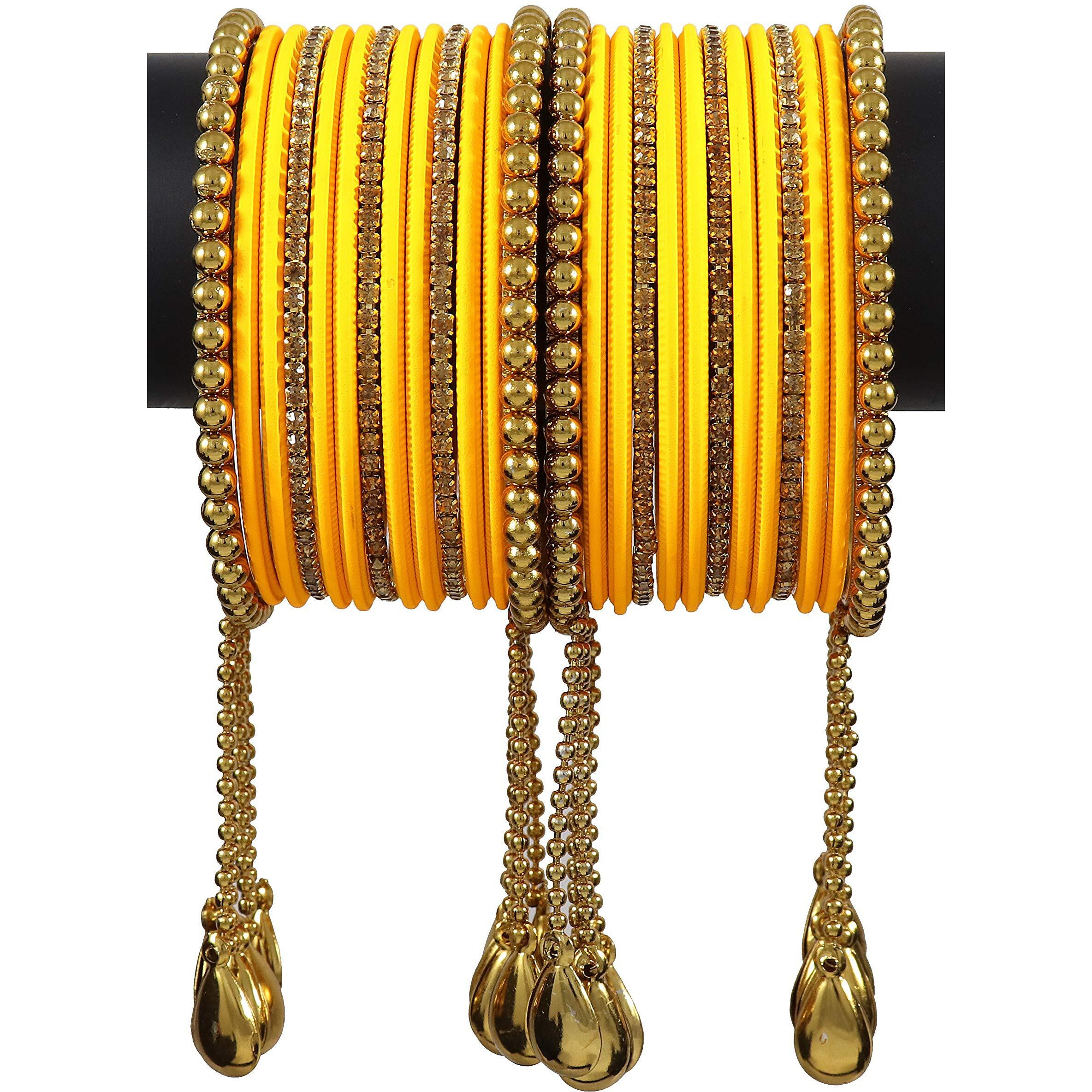 NMII Gold Plated Metal Bangles Set For Women & Girls with Zircon Gemstone & BallChain Linked | Latkan Bangle set | Traditional Bangles Bracelet | Stylish Gold Bangles-(F100-Yellow-2.6),(Pack Of 26)