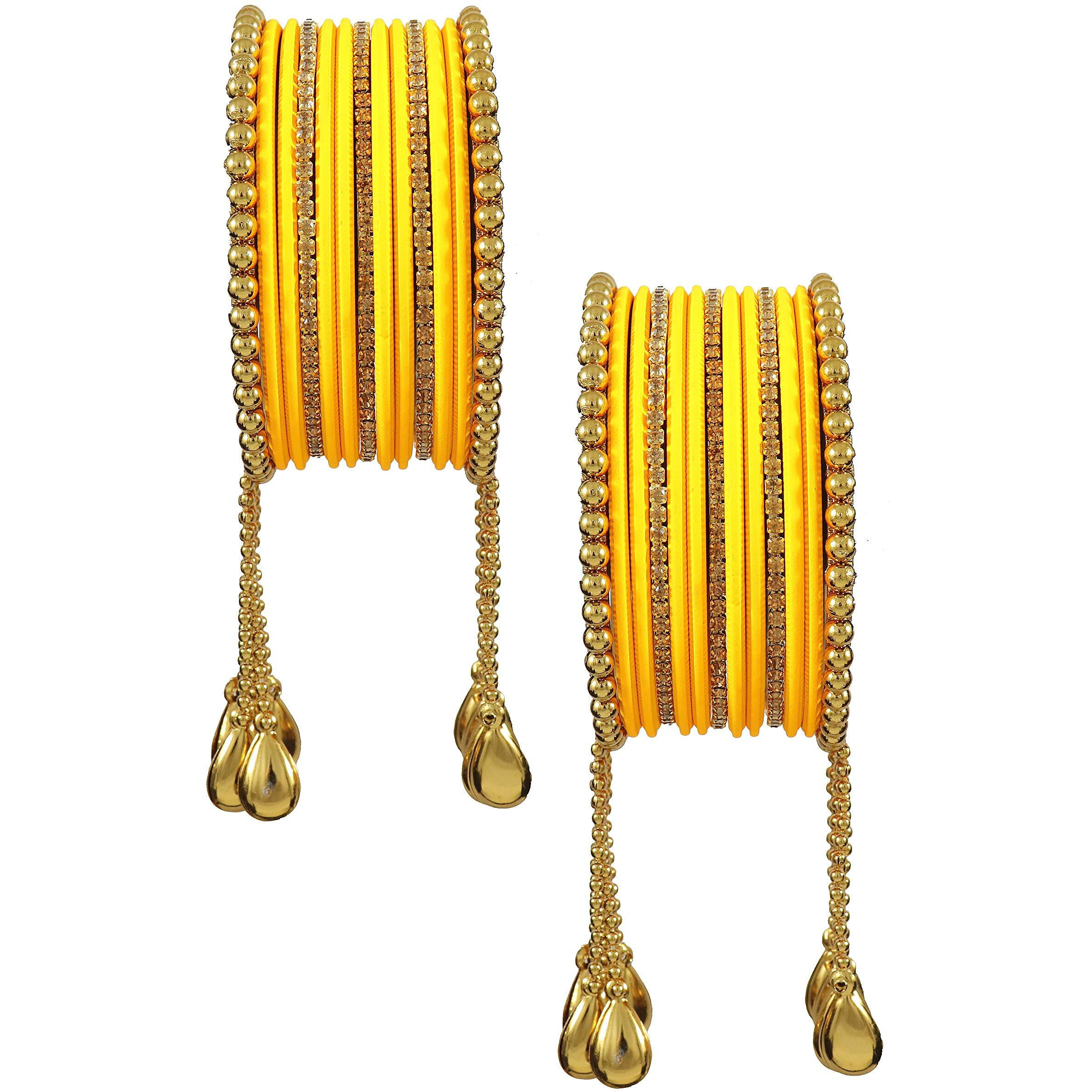 NMII Gold Plated Metal Bangles Set For Women & Girls with Zircon Gemstone & BallChain Linked | Latkan Bangle set | Traditional Bangles Bracelet | Stylish Gold Bangles-(F100-Yellow-2.6),(Pack Of 26)
