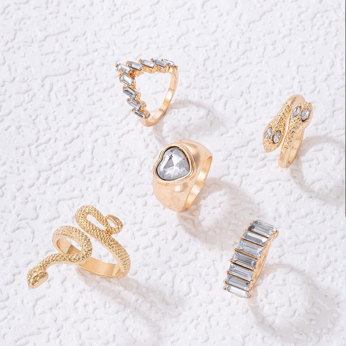 Jewels Galaxy Jewellery For Women Gold Plated Gold-Toned Heart-Snake inspired Stackable Rings Set of 5 (JG-PC-RNGH-990)