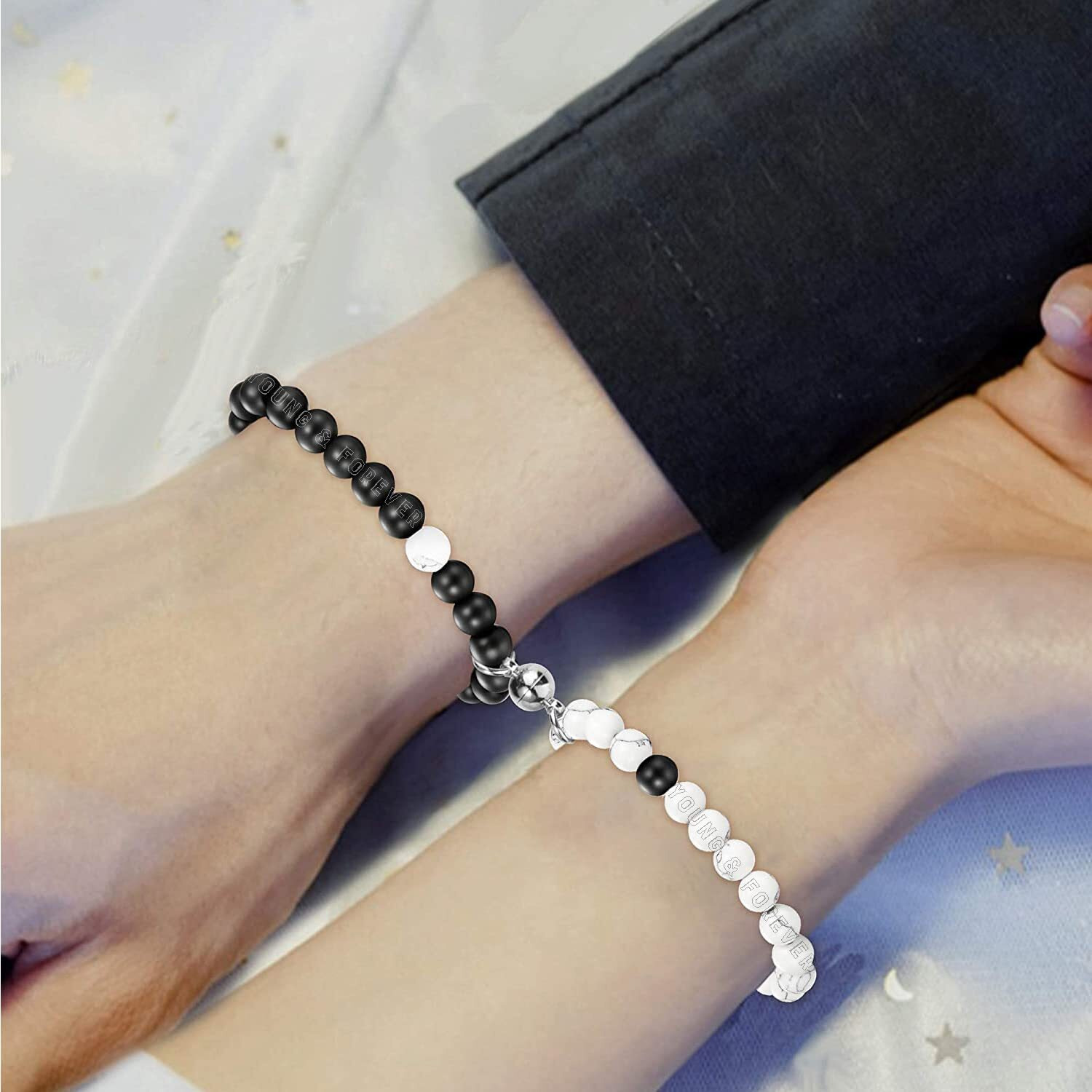 Young & Forever Gift Reiki Crystal Natural Stone Howlite and Onyx Tai Chi Yin-Yang Evil Eye Morse Code Healing Energy Reiki Gemstone Magnetic Couple Bracelet for Men and Women