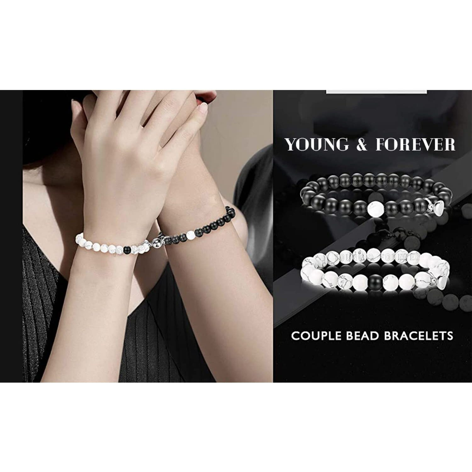 Young & Forever Gift Reiki Crystal Natural Stone Howlite and Onyx Tai Chi Yin-Yang Evil Eye Morse Code Healing Energy Reiki Gemstone Magnetic Couple Bracelet for Men and Women