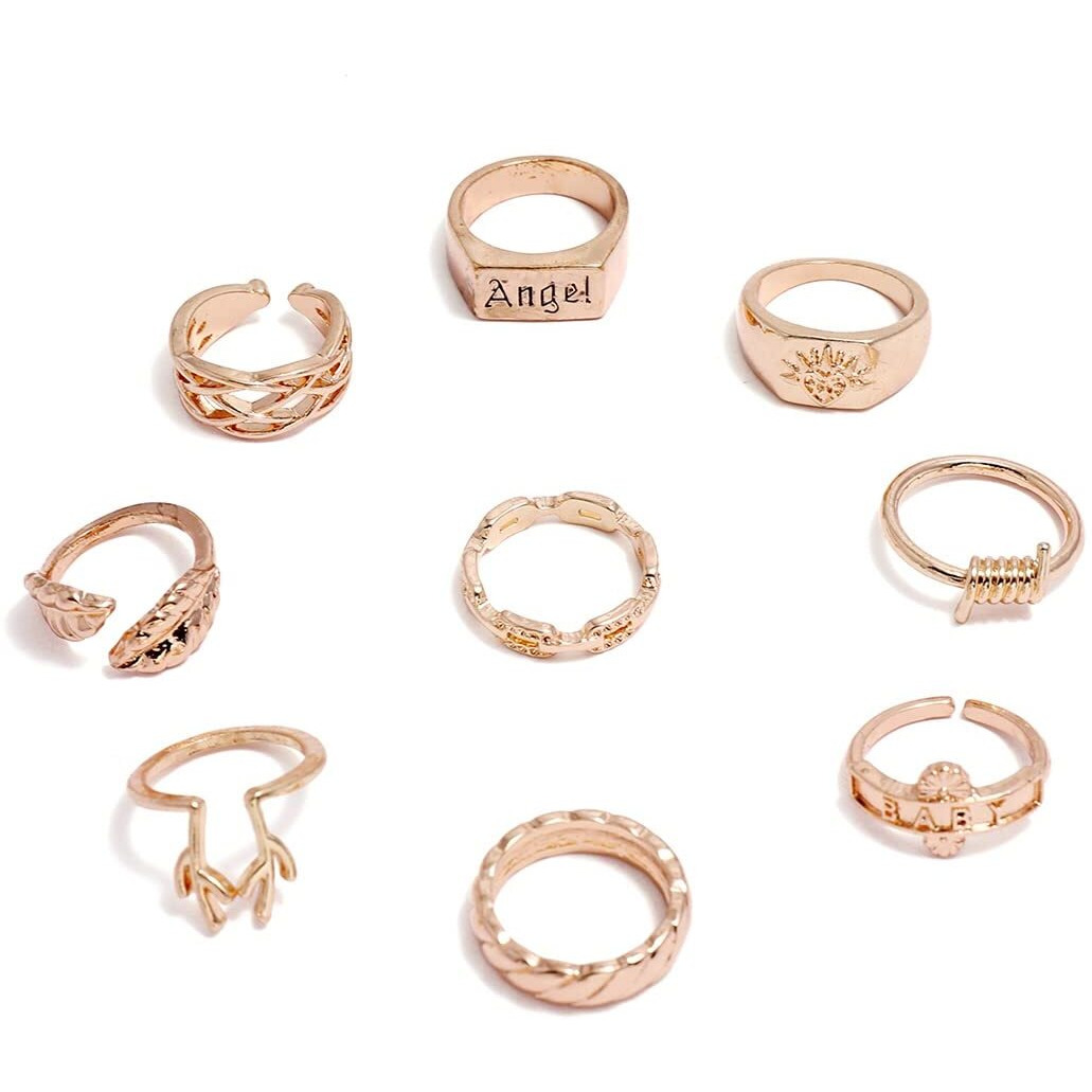Shining Diva Fashion Latest Stylish Metal Boho Midi Finger Rings for Women and Girls - Set of 9 (13057r), Golden