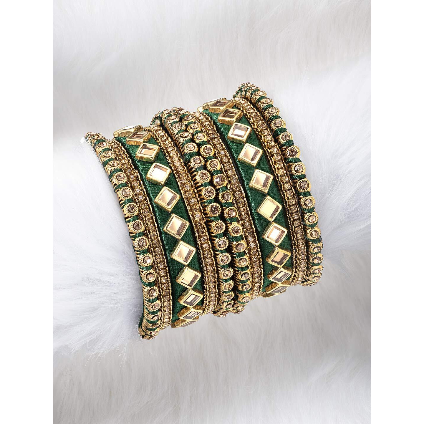 Peora Green Silk Thread Kundan Chuda Chura Bangle Set For Women and Girls (Size 2.8)