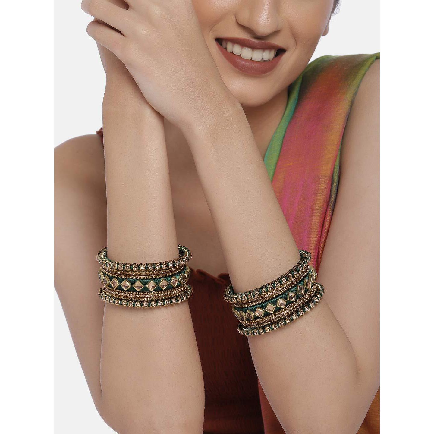 Peora Green Silk Thread Kundan Chuda Chura Bangle Set For Women and Girls (Size 2.8)
