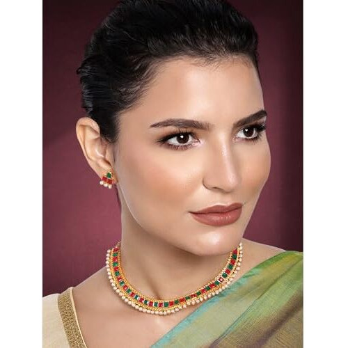 Peora Traditional Gold Plated Red Green Studded Traditional Choker Necklace Jewellery Set for Women Girls