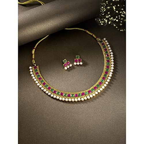 Peora Traditional Gold Plated Red Green Studded Traditional Choker Necklace Jewellery Set for Women Girls