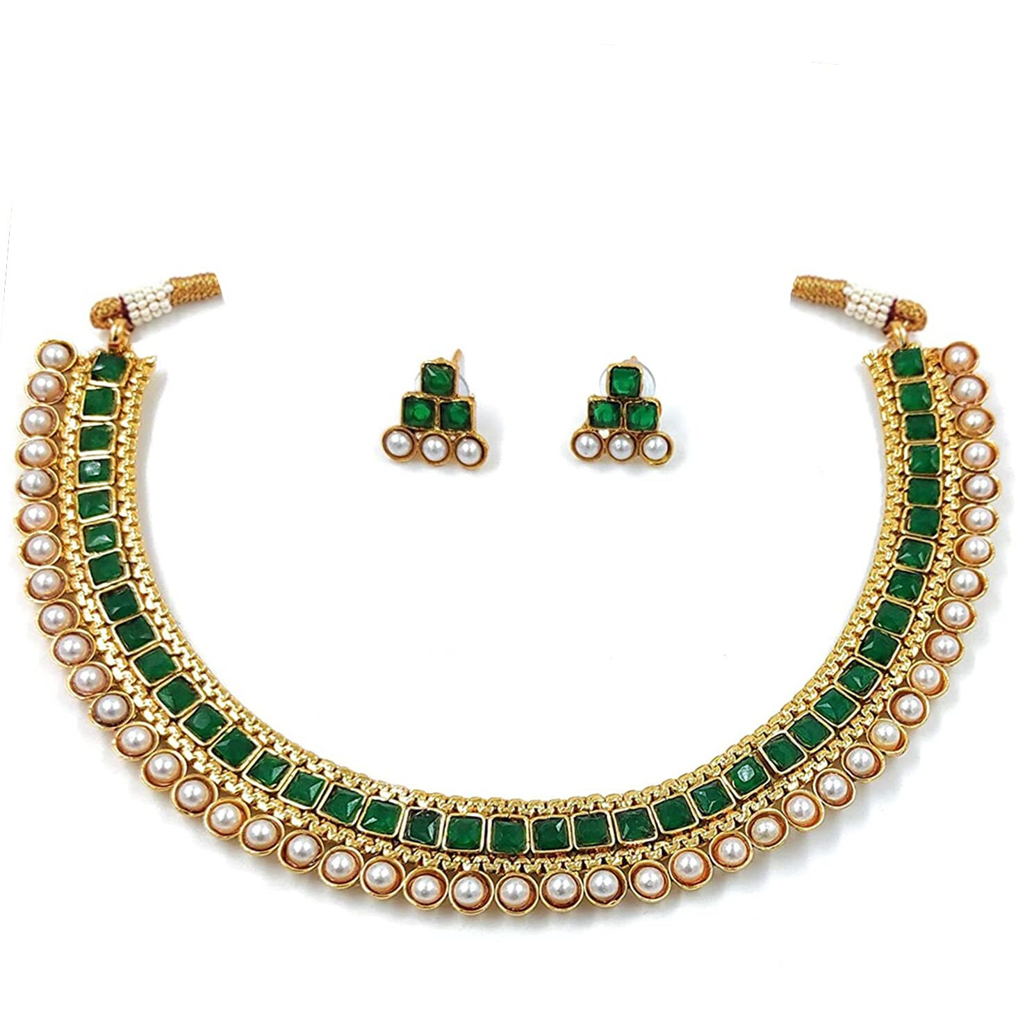 Peora Traditional Gold Plated Green Choker Necklace & Stud Earrings Jewellery Set for Women Girls