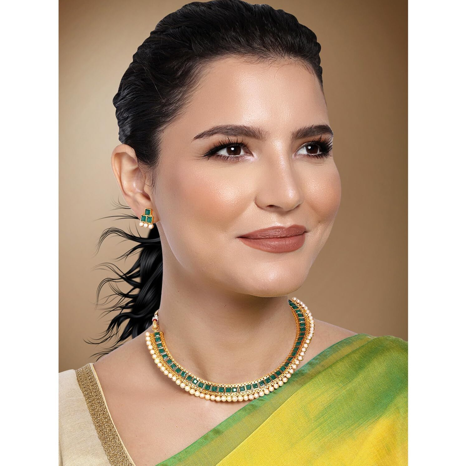 Peora Traditional Gold Plated Green Choker Necklace & Stud Earrings Jewellery Set for Women Girls