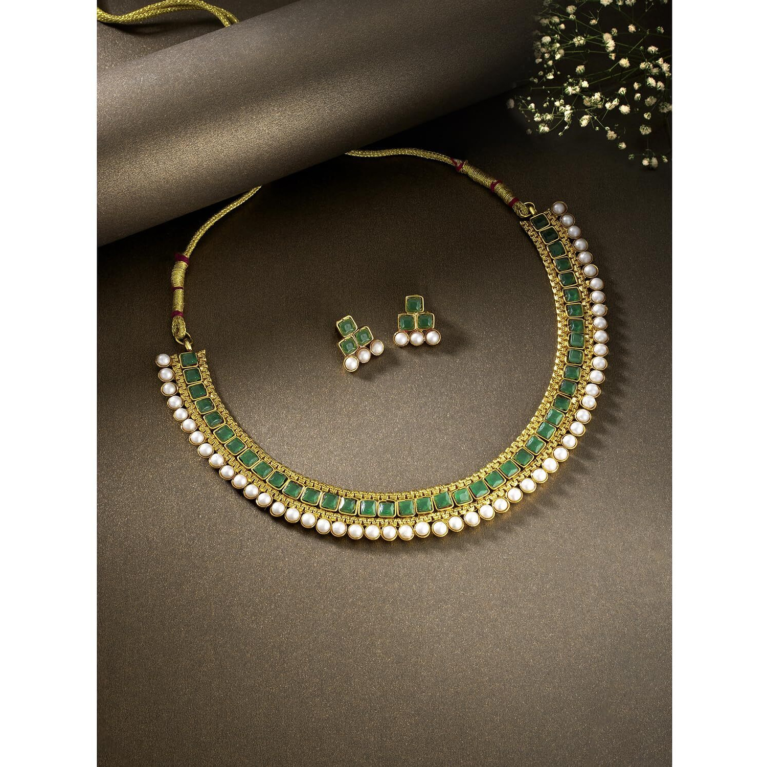 Peora Traditional Gold Plated Green Choker Necklace & Stud Earrings Jewellery Set for Women Girls