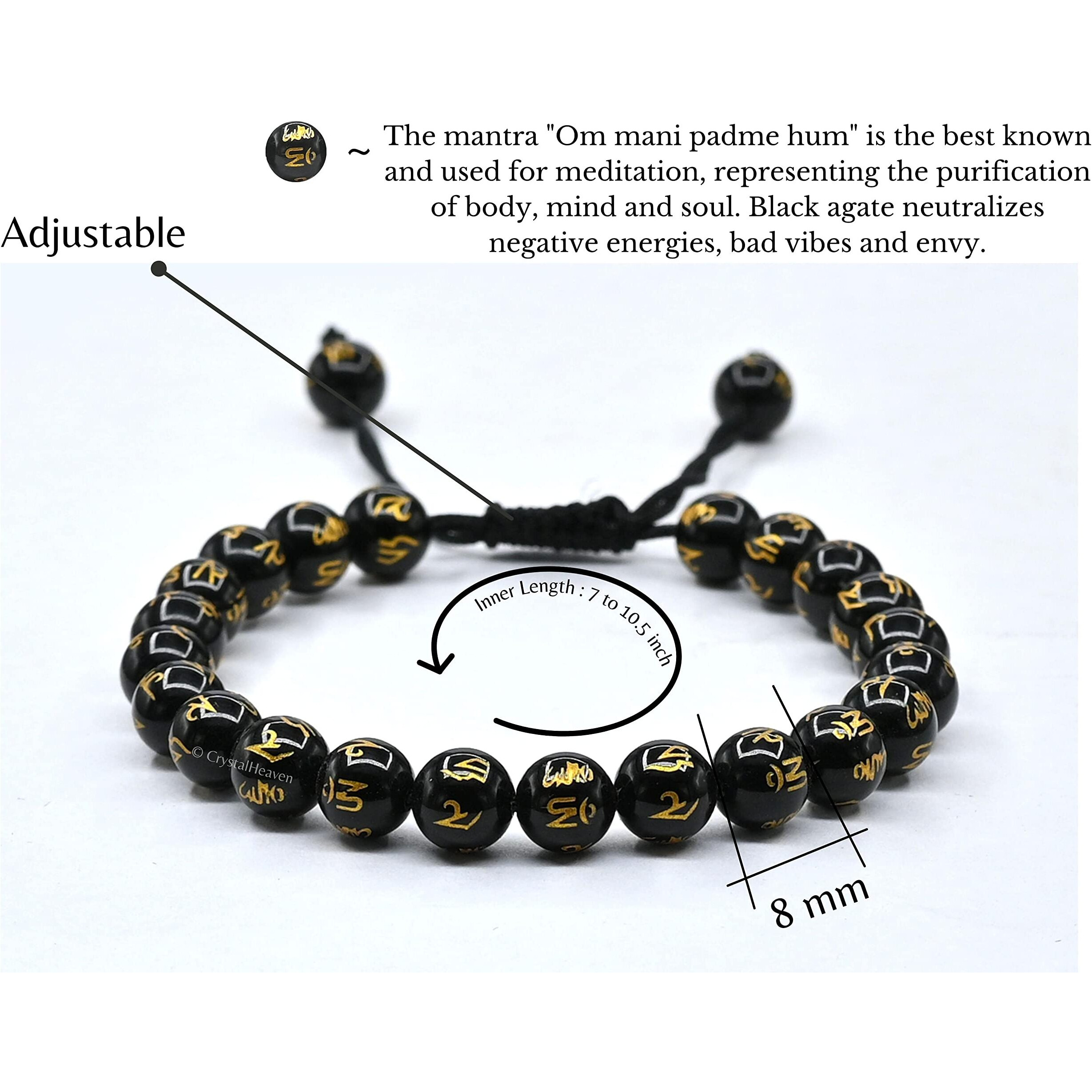 Certified Natural Healing Crystal Bracelet for Women Men - AAA Grade Original Healing Gemstone Adjustable Bracelet for Yoga Reiki Meditation Feng Shui (Black Agate Om Mani Padme Hum)